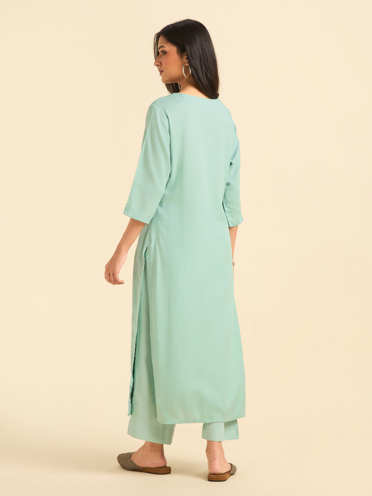 Aqua Green Viscose Linen Slitted Kurti Set With Embroidery