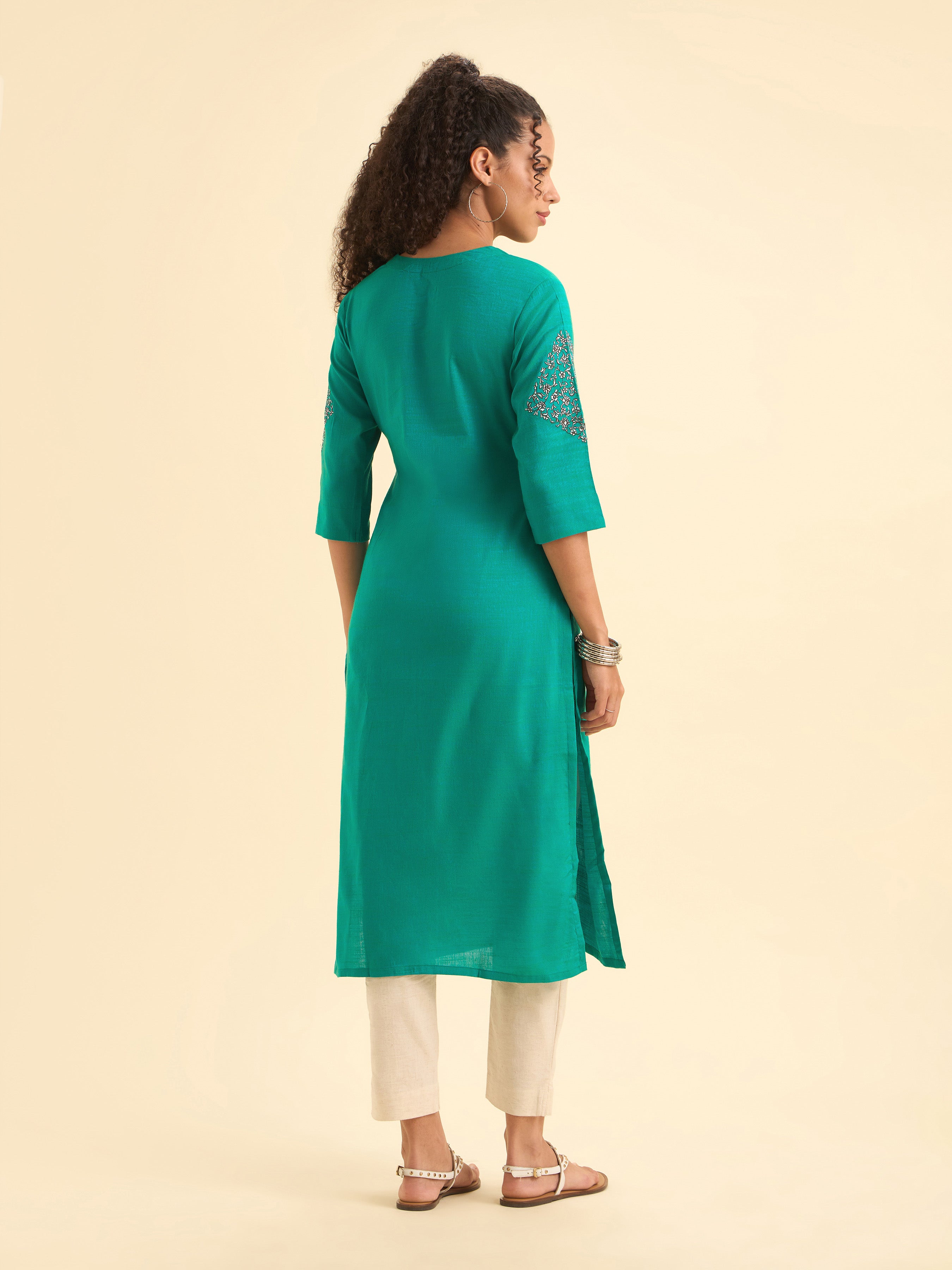 Aqua Green Cotton Viscose Slitted Kurti With Embroidery