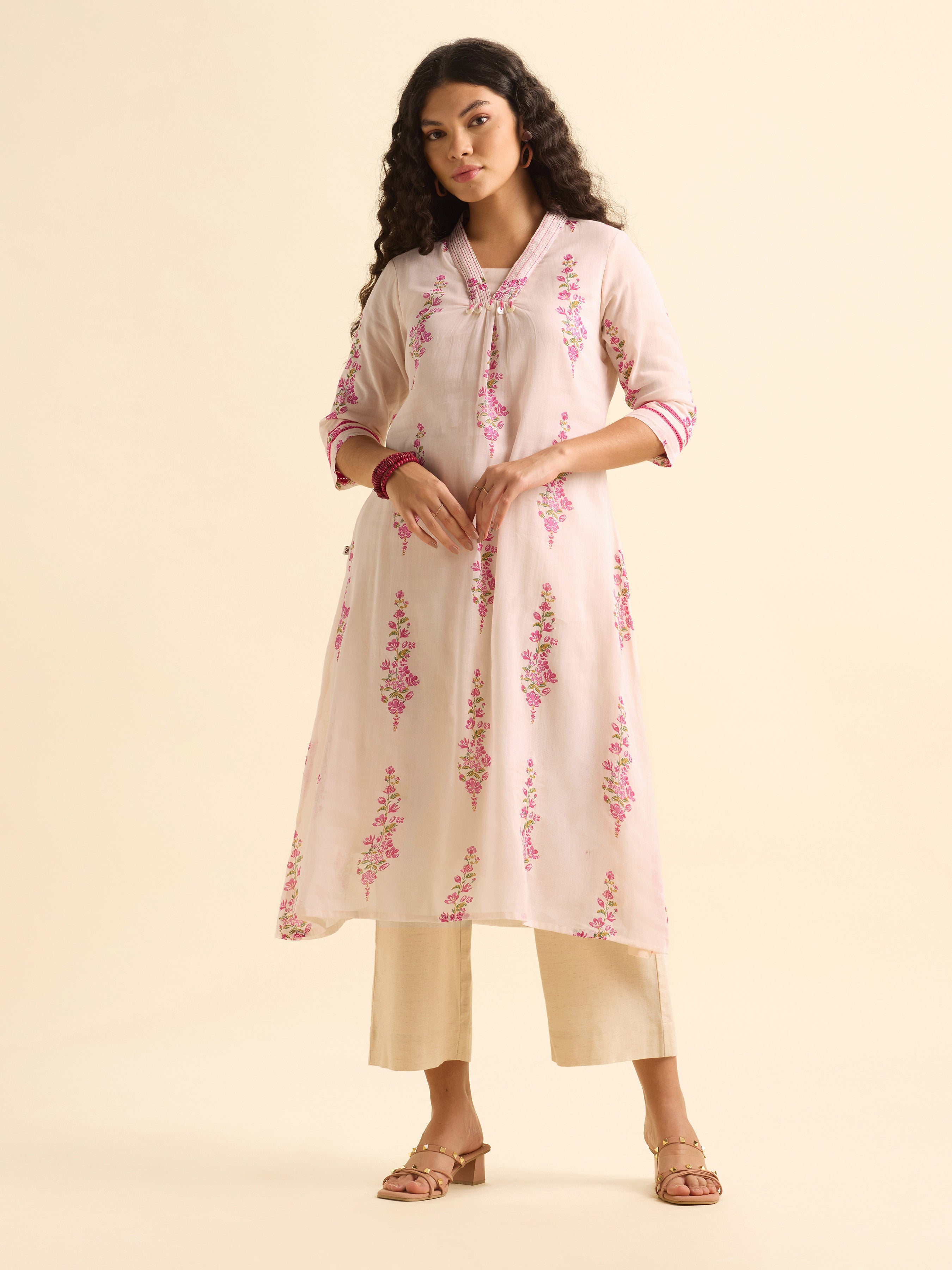 Baby Pink Multi Colour Pure Cotton Printed Flared Kurti With Embroidery