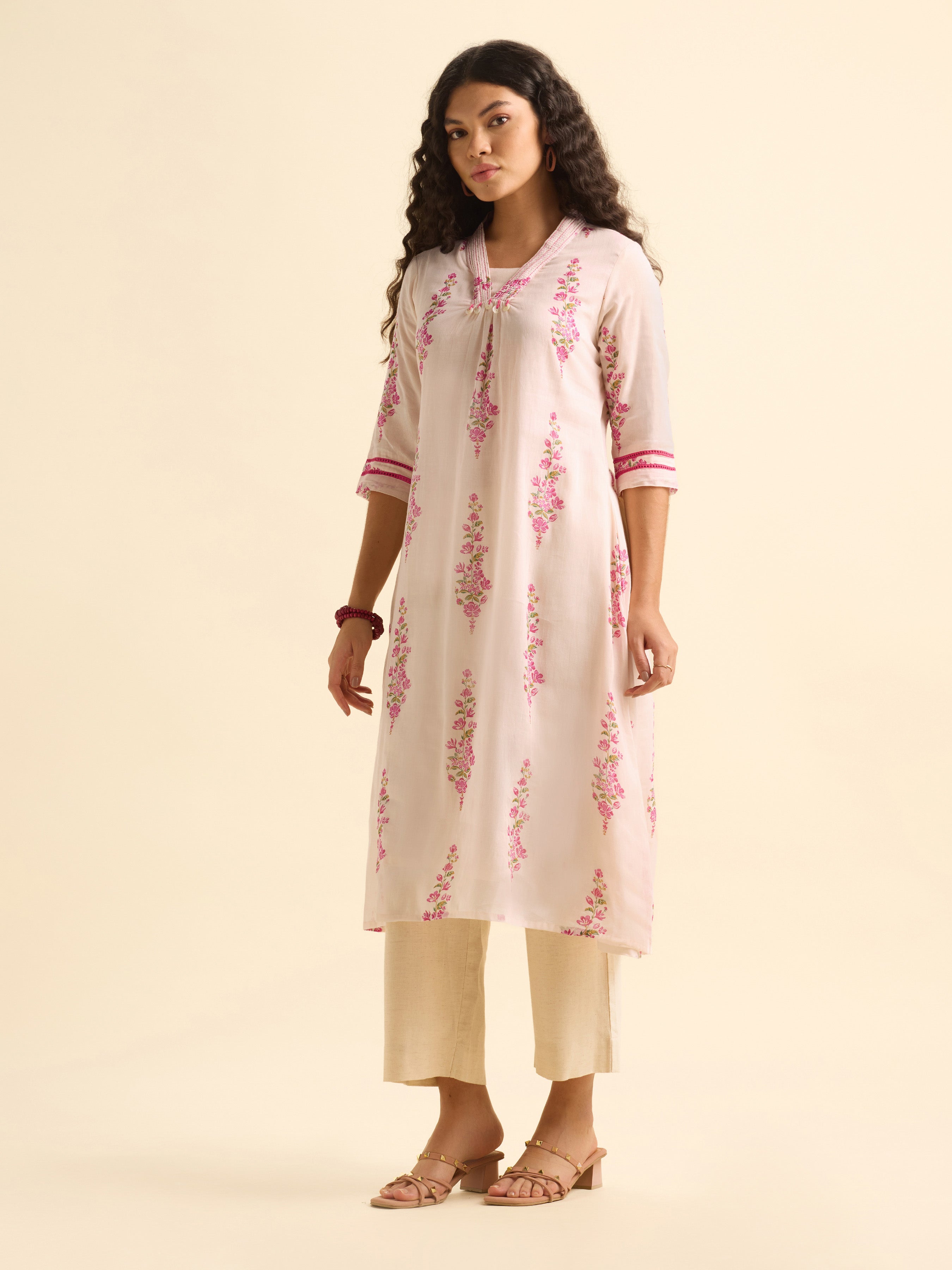 Baby Pink Multi Colour Pure Cotton Printed Flared Kurti With Embroidery