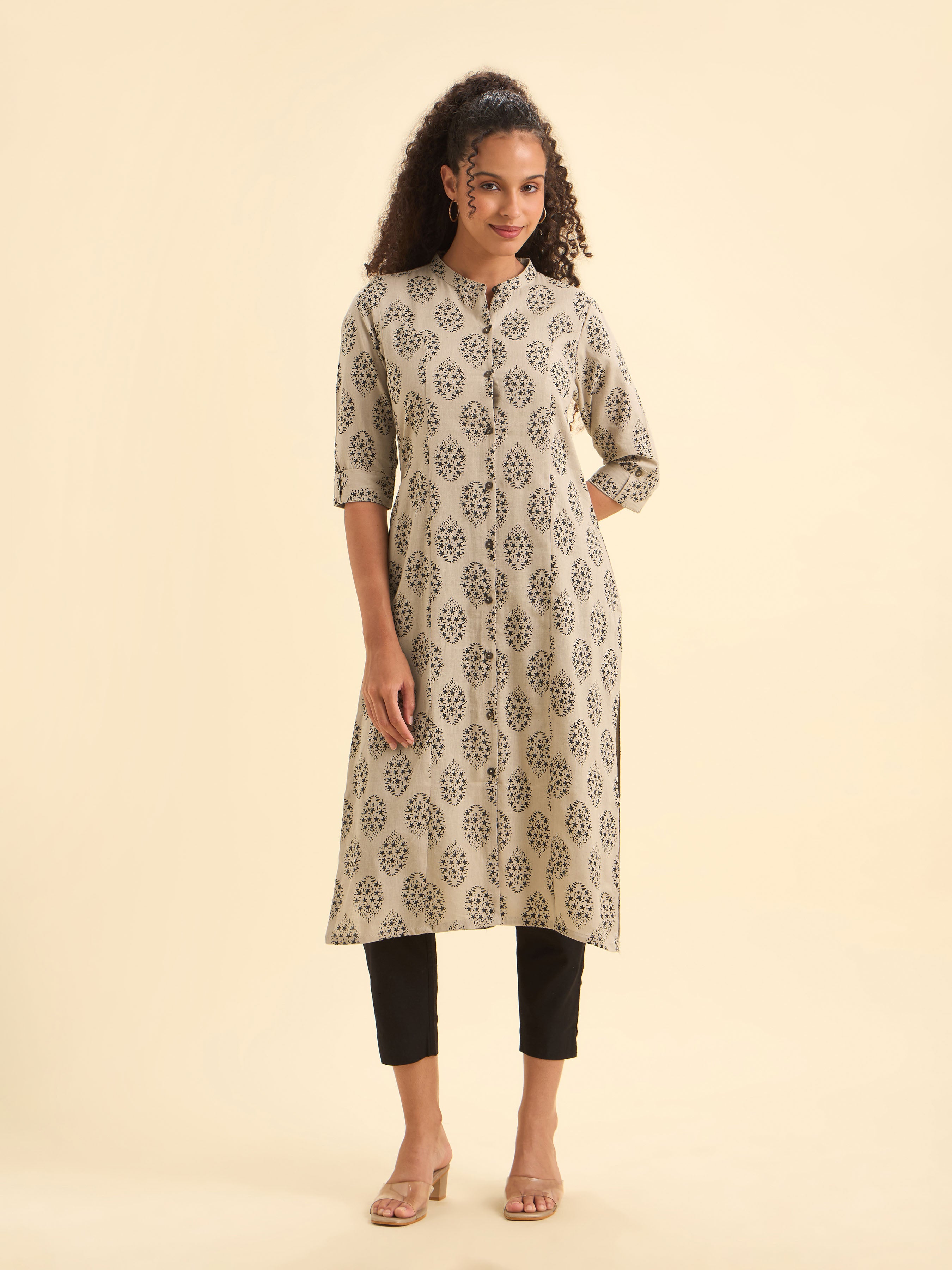 Beige Black Colour Cotton Flax Printed Slit Kurti With Placket