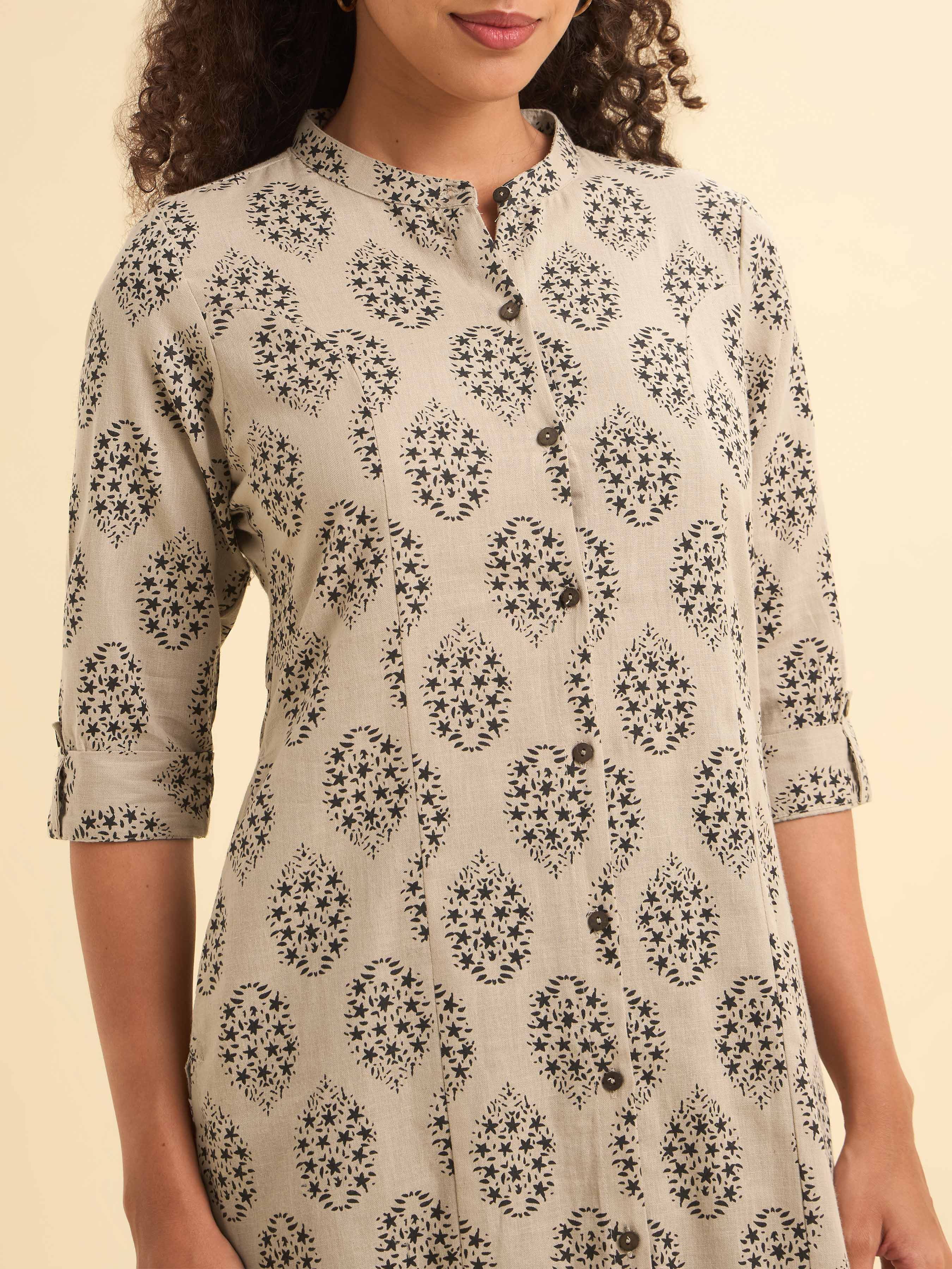 Beige Black Colour Cotton Flax Printed Slit Kurti With Placket