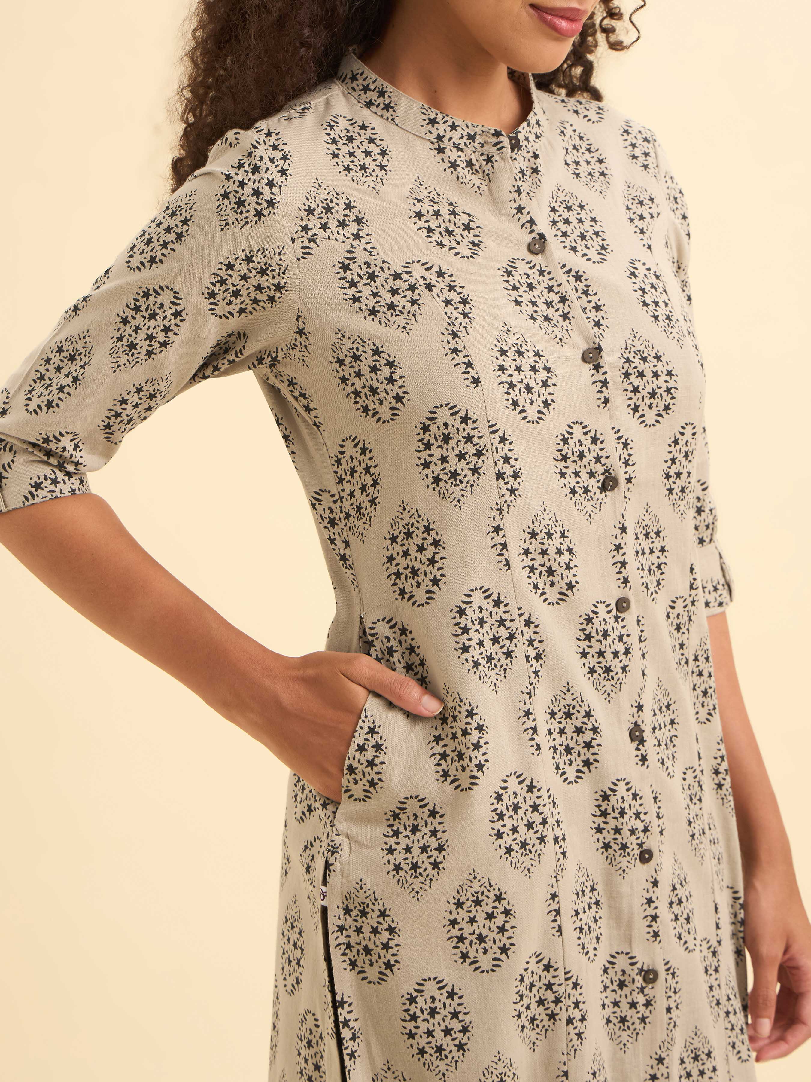 Beige Black Colour Cotton Flax Printed Slitted Kurti With Placket