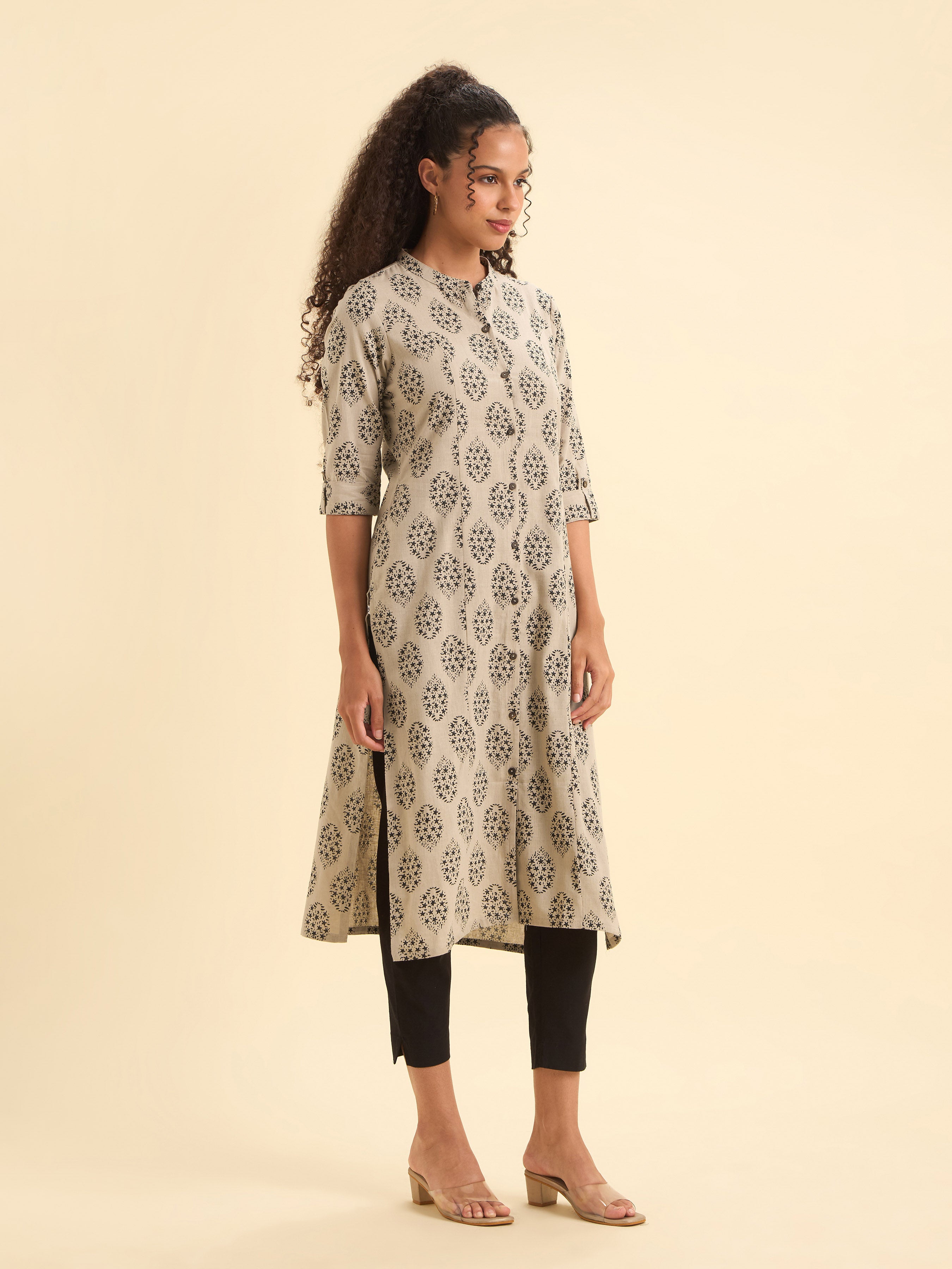 Beige Black Colour Cotton Flax Printed Slitted Kurti With Placket
