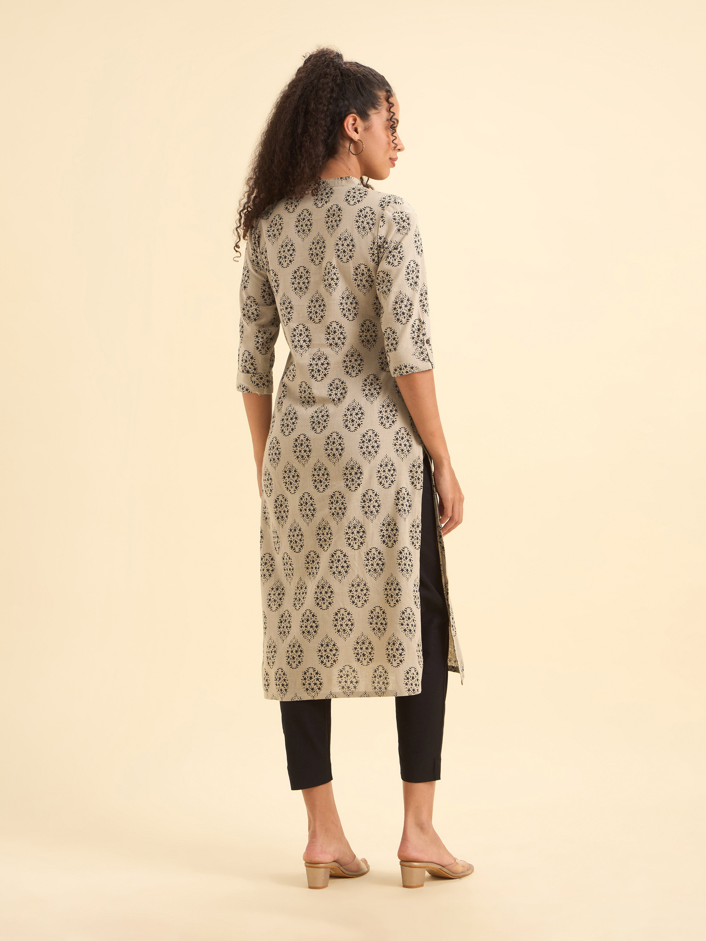 Beige Black Colour Cotton Flax Printed Slitted Kurti With Placket