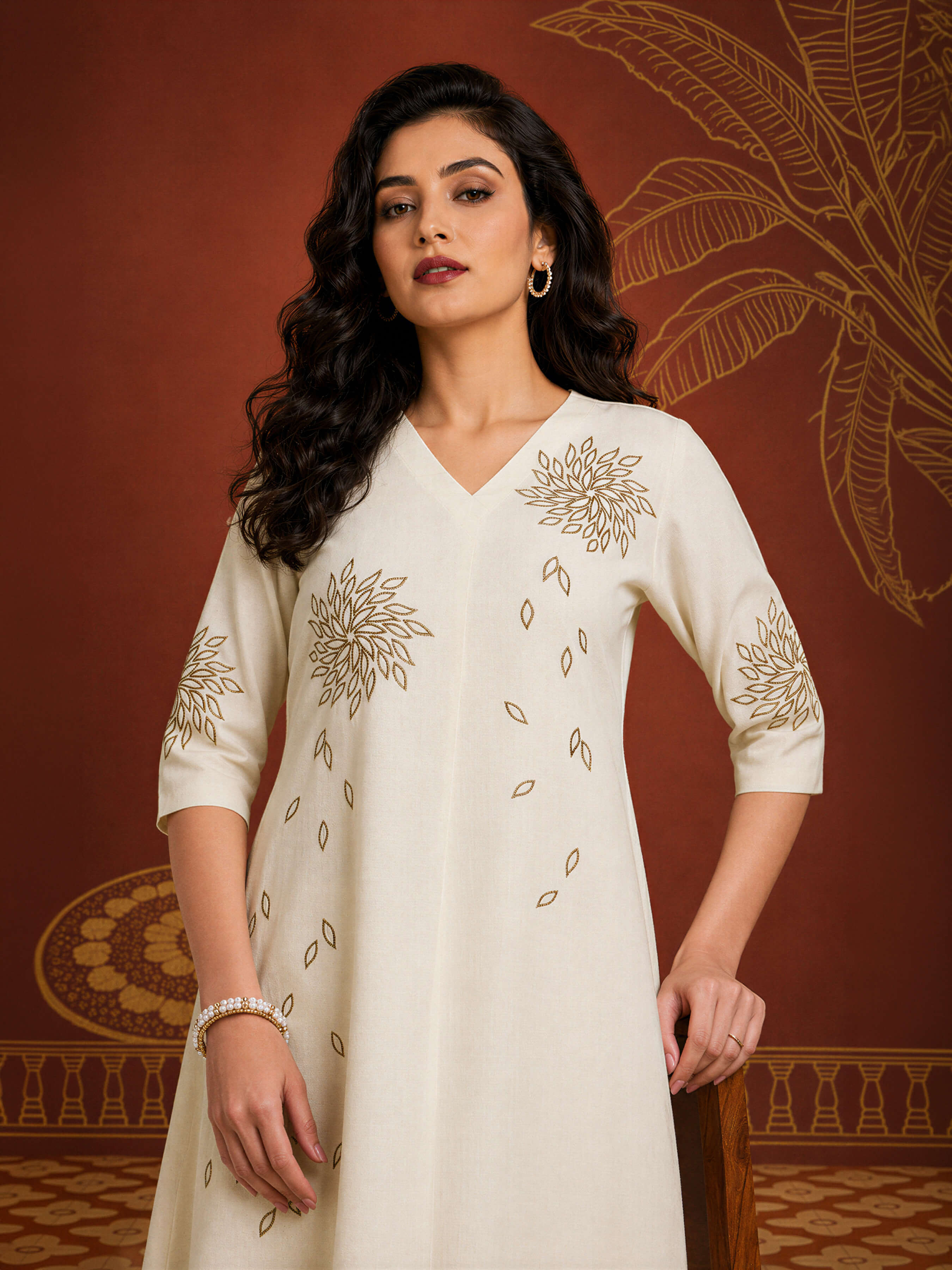 Beige Colour Cotton Flax Slub Plain Flared Kurti With Embroidery