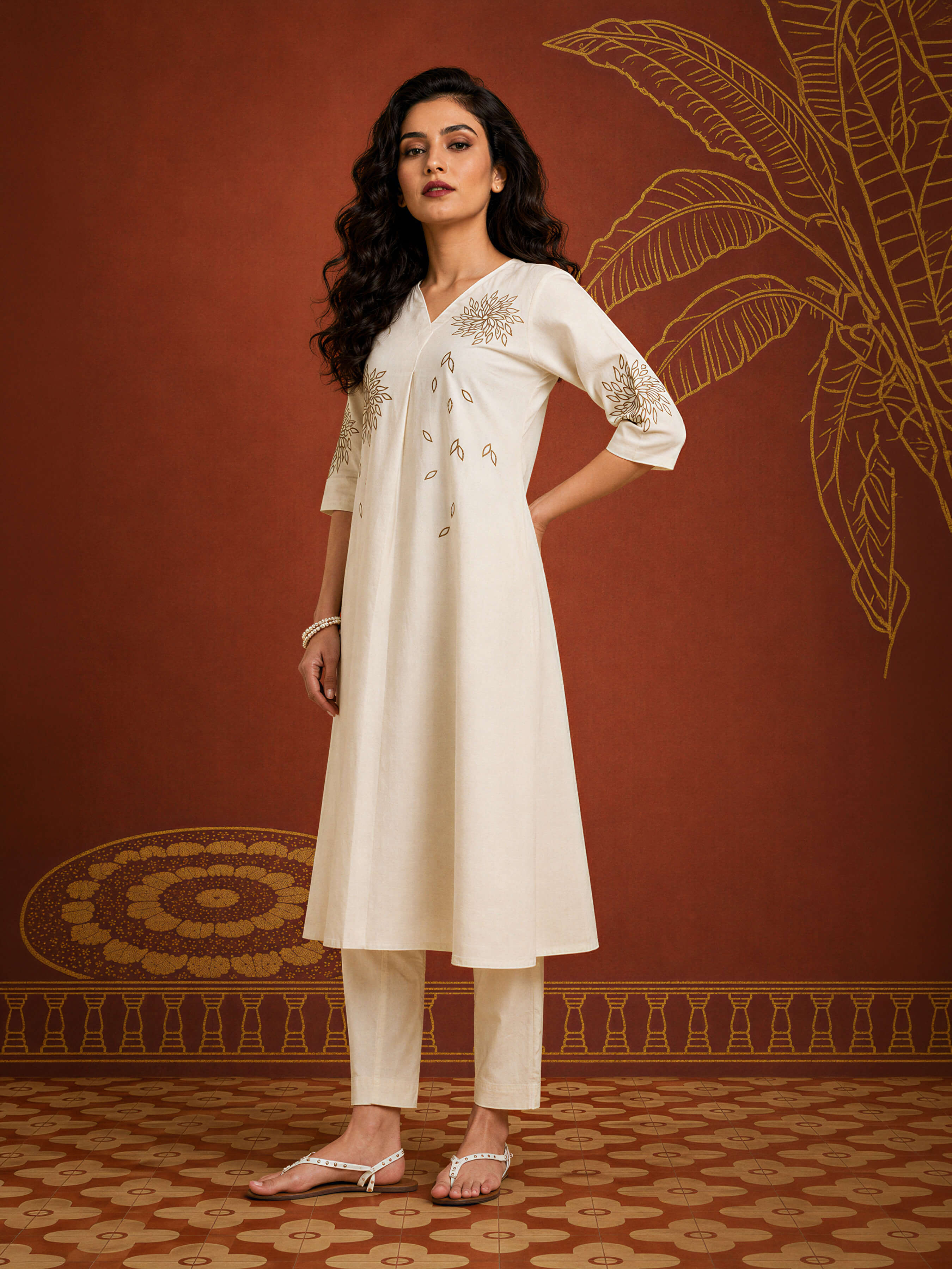 Beige Colour Cotton Flax Slub Plain Flared Kurti With Embroidery