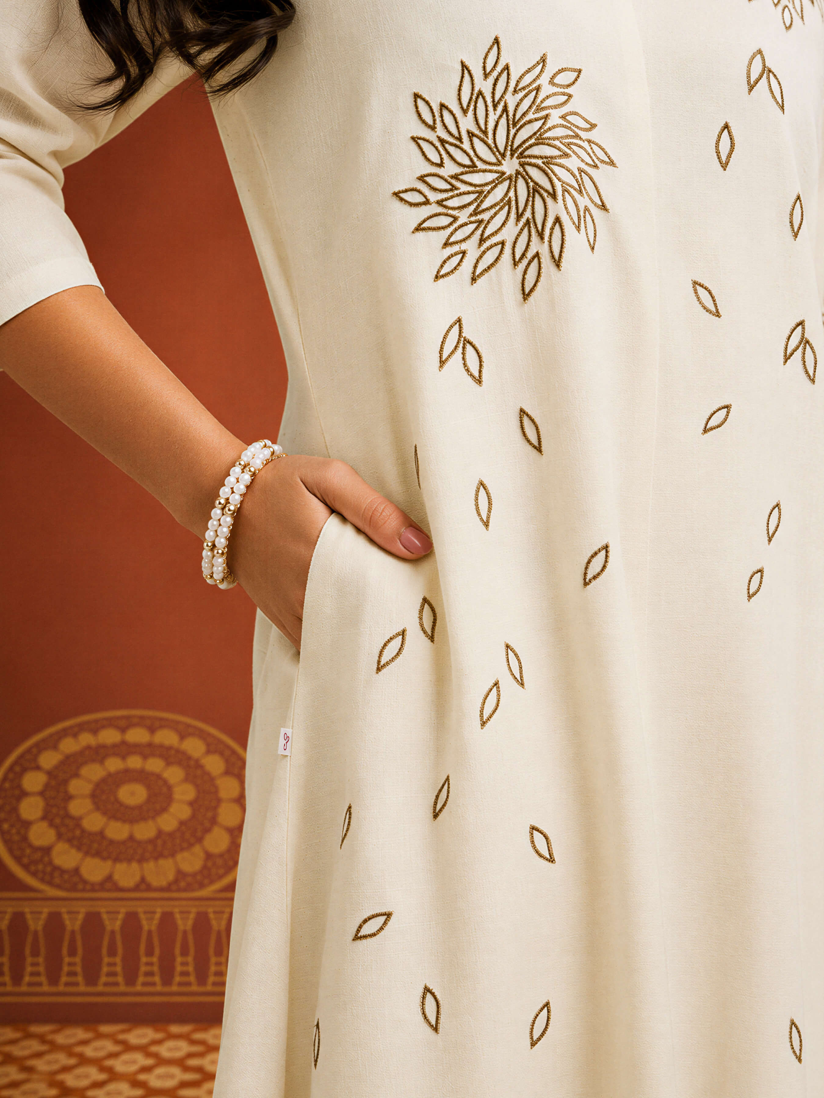 Beige Colour Cotton Flax Slub Plain Flared Kurti With Embroidery