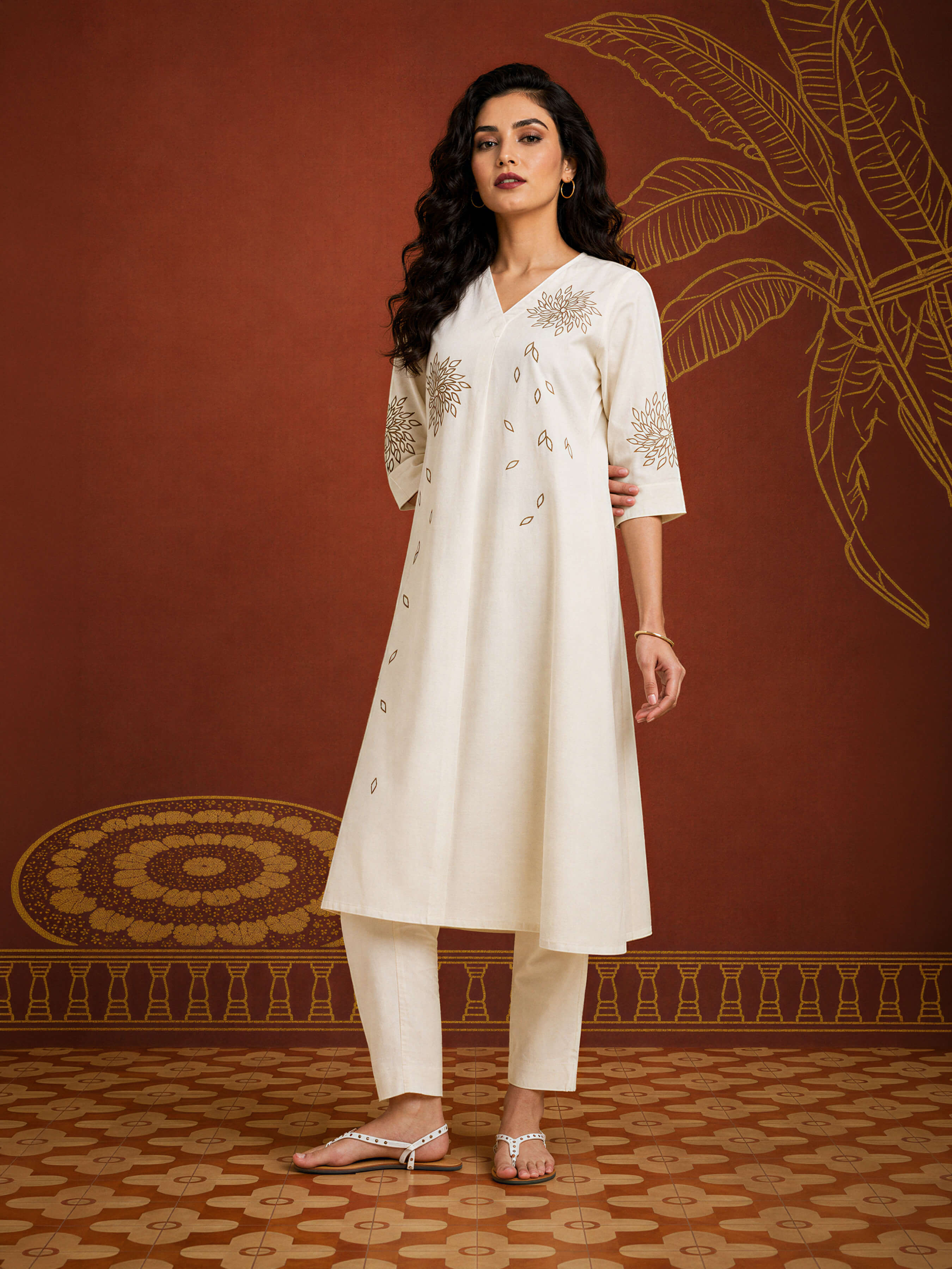 Beige Colour Cotton Flax Slub Plain Flared Kurti With Embroidery