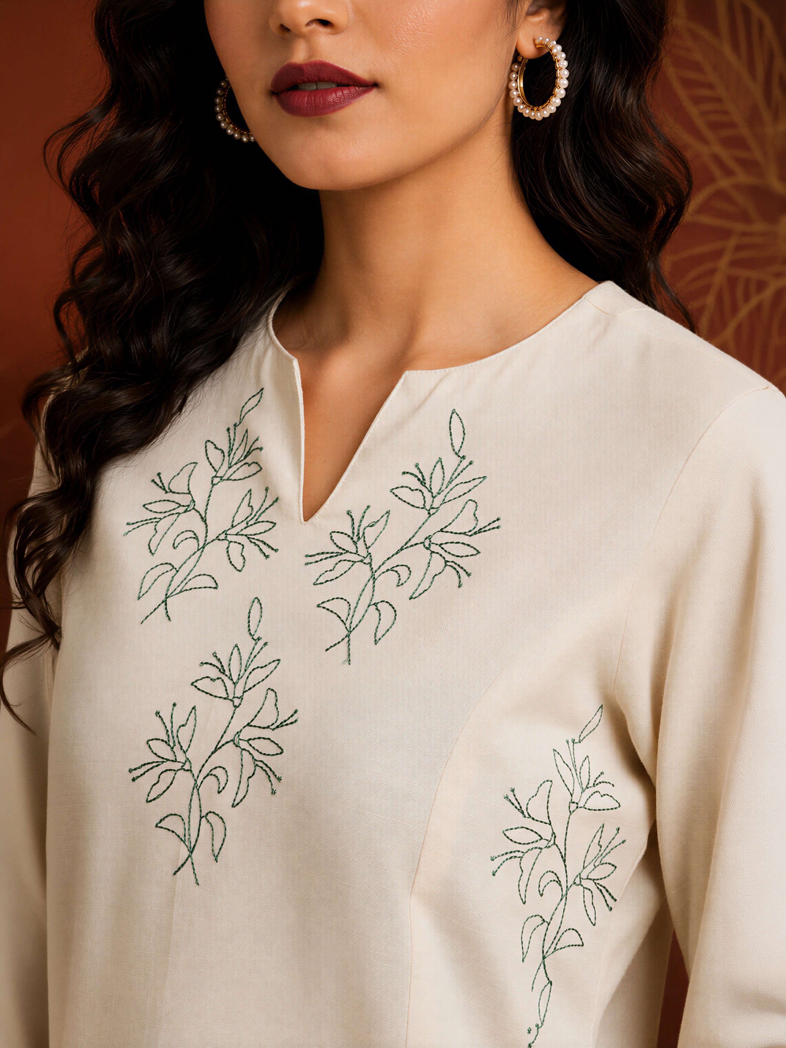 Beige Colour Cotton Flax Slub Plain Slited Kurti With Princesscut And Embroidery