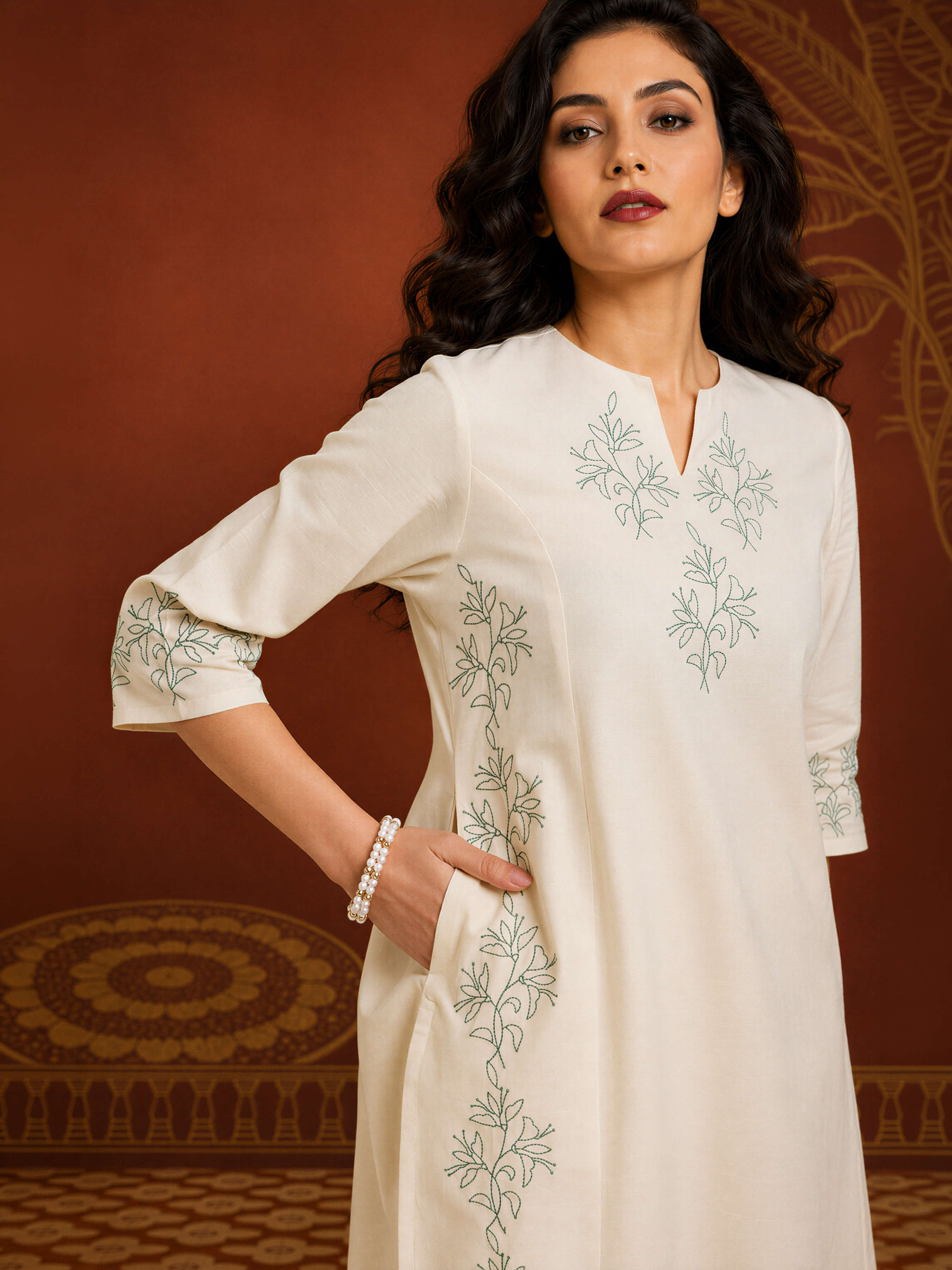 Beige Colour Cotton Flax Slub Plain Slited Kurti With Princesscut And Embroidery