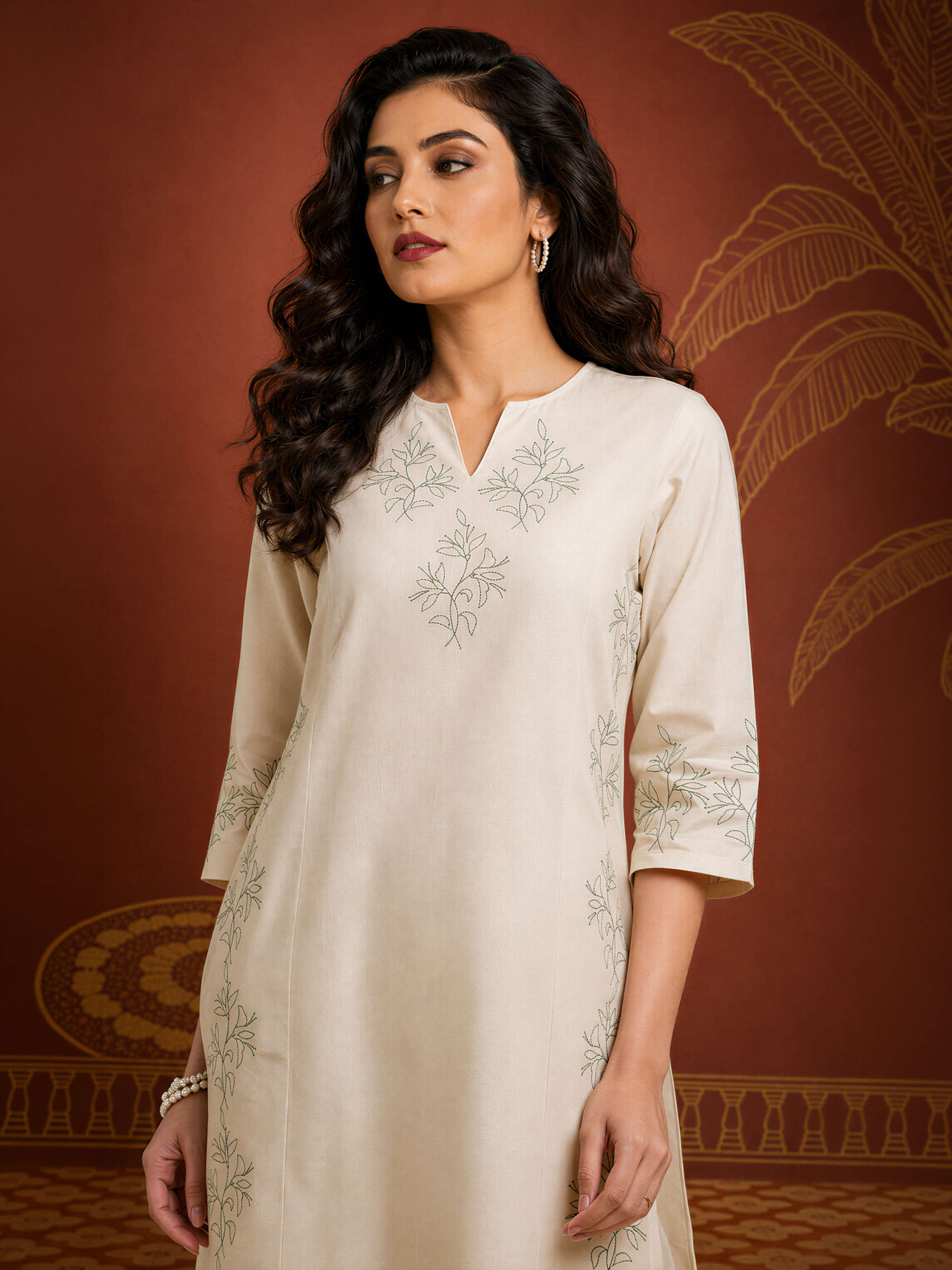 Beige Colour Cotton Flax Slub Plain Slited Kurti With Princesscut And Embroidery