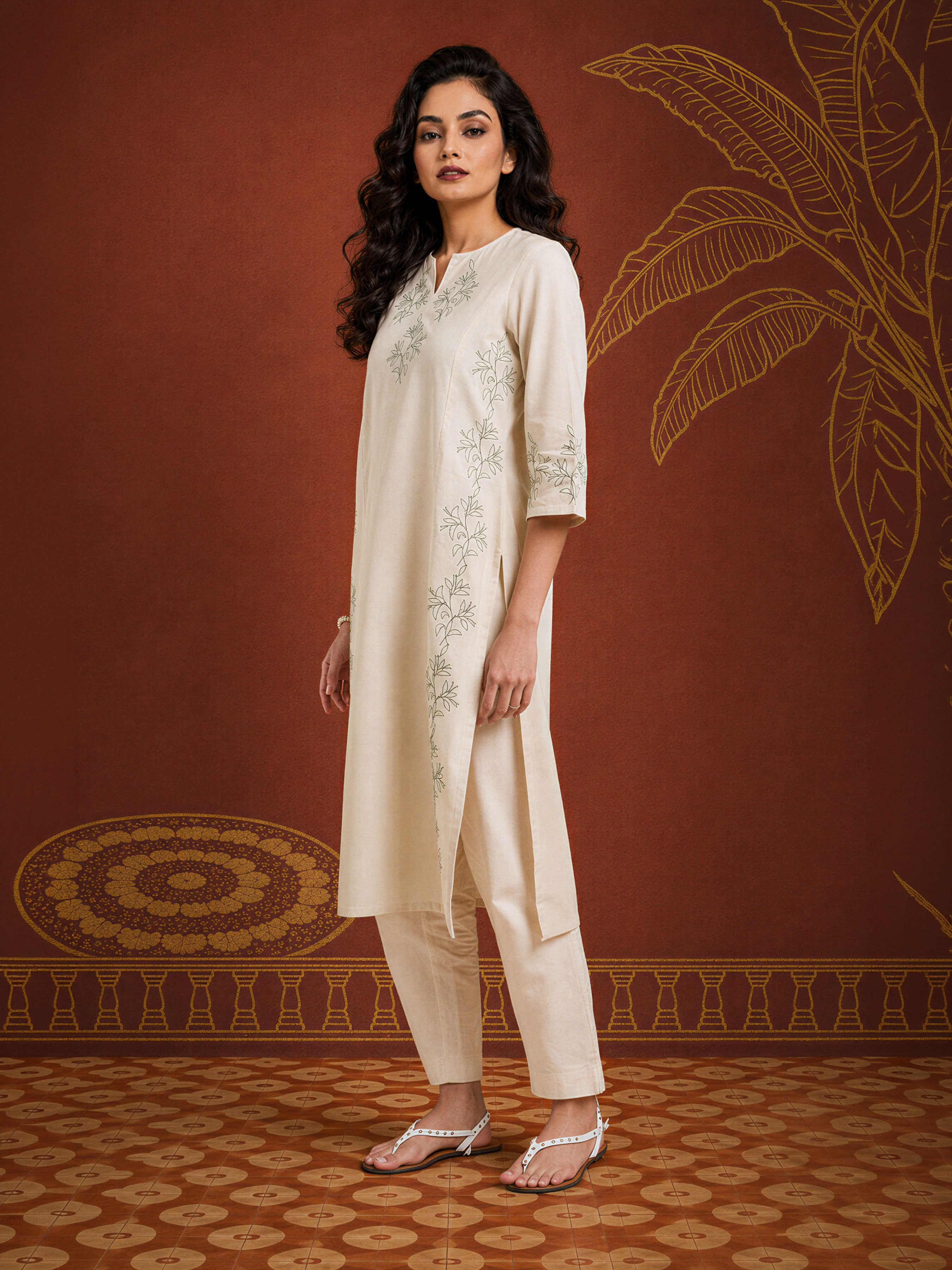 Beige Colour Cotton Flax Slub Plain Slited Kurti With Princesscut And Embroidery