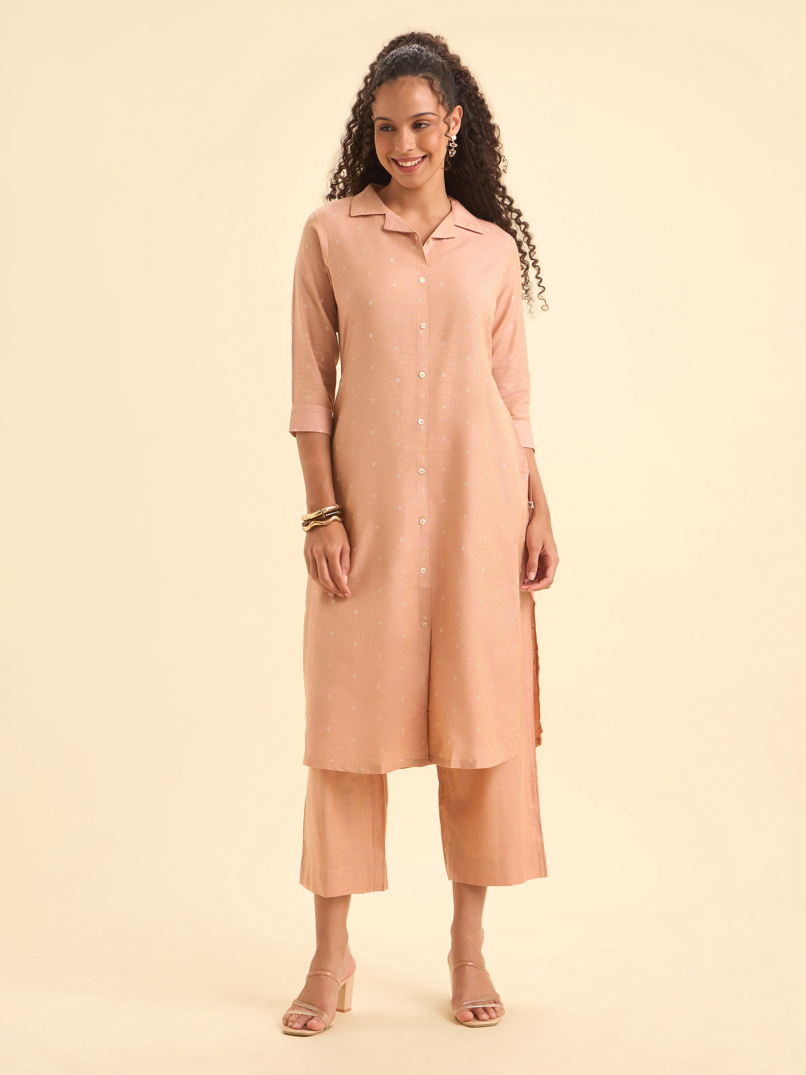 Peach Cotton Dobby Plain Slited Kurti Set With Curved Hem Line
