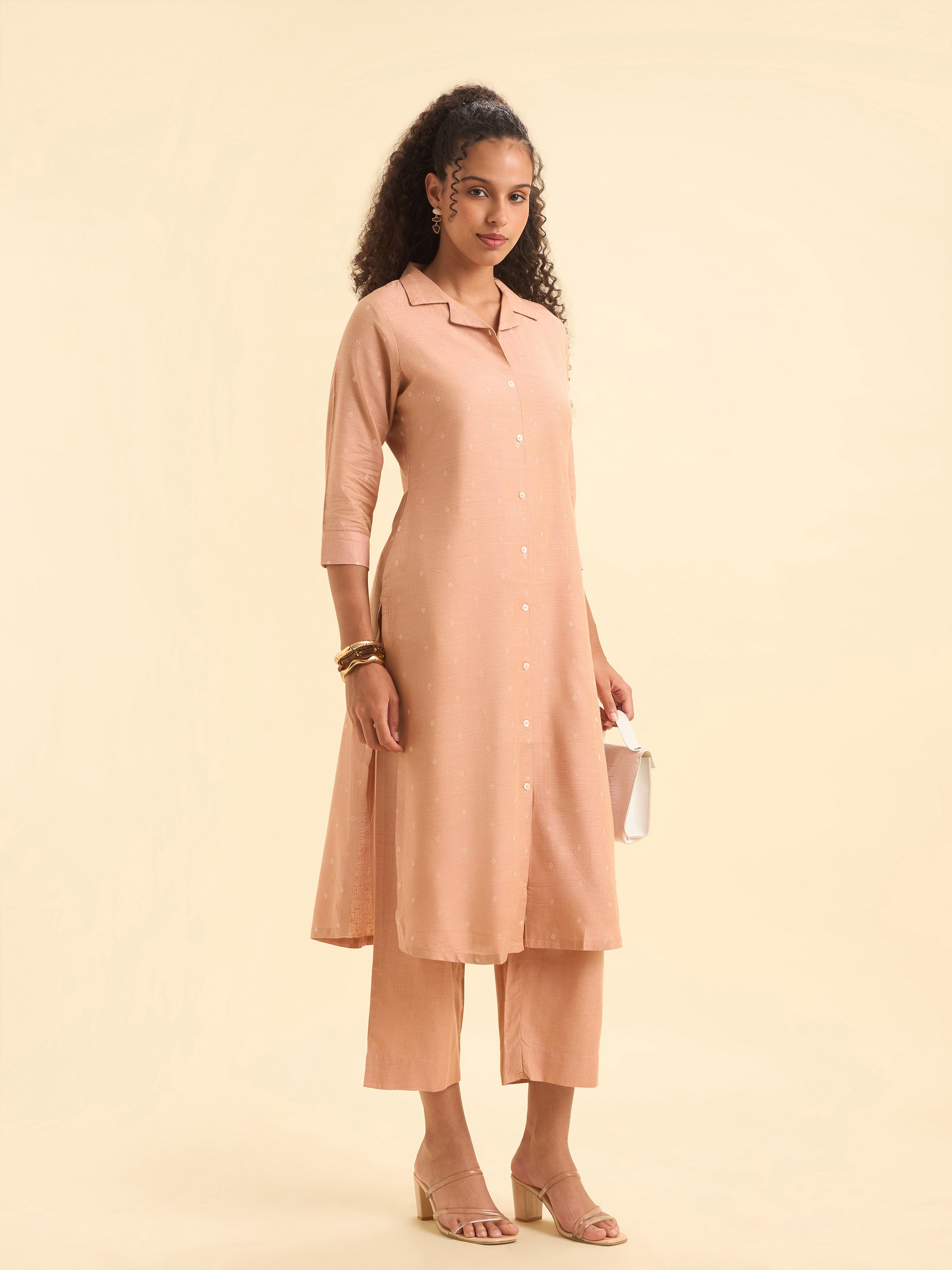 Peach Cotton Dobby Plain Slited Kurti Set With Curved Hem Line