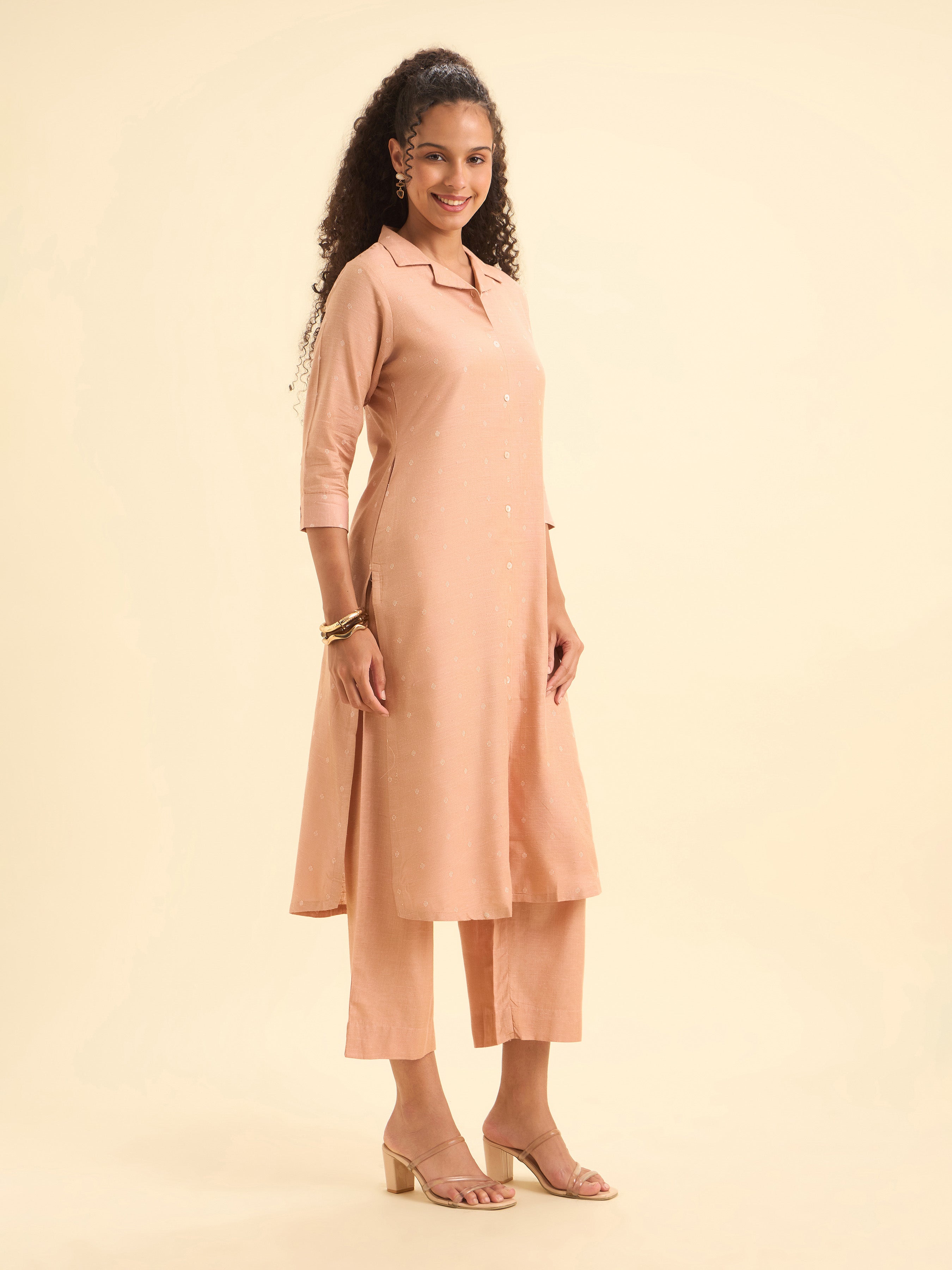 Peach Cotton Dobby Plain Slited Kurti Set With Curved Hem Line