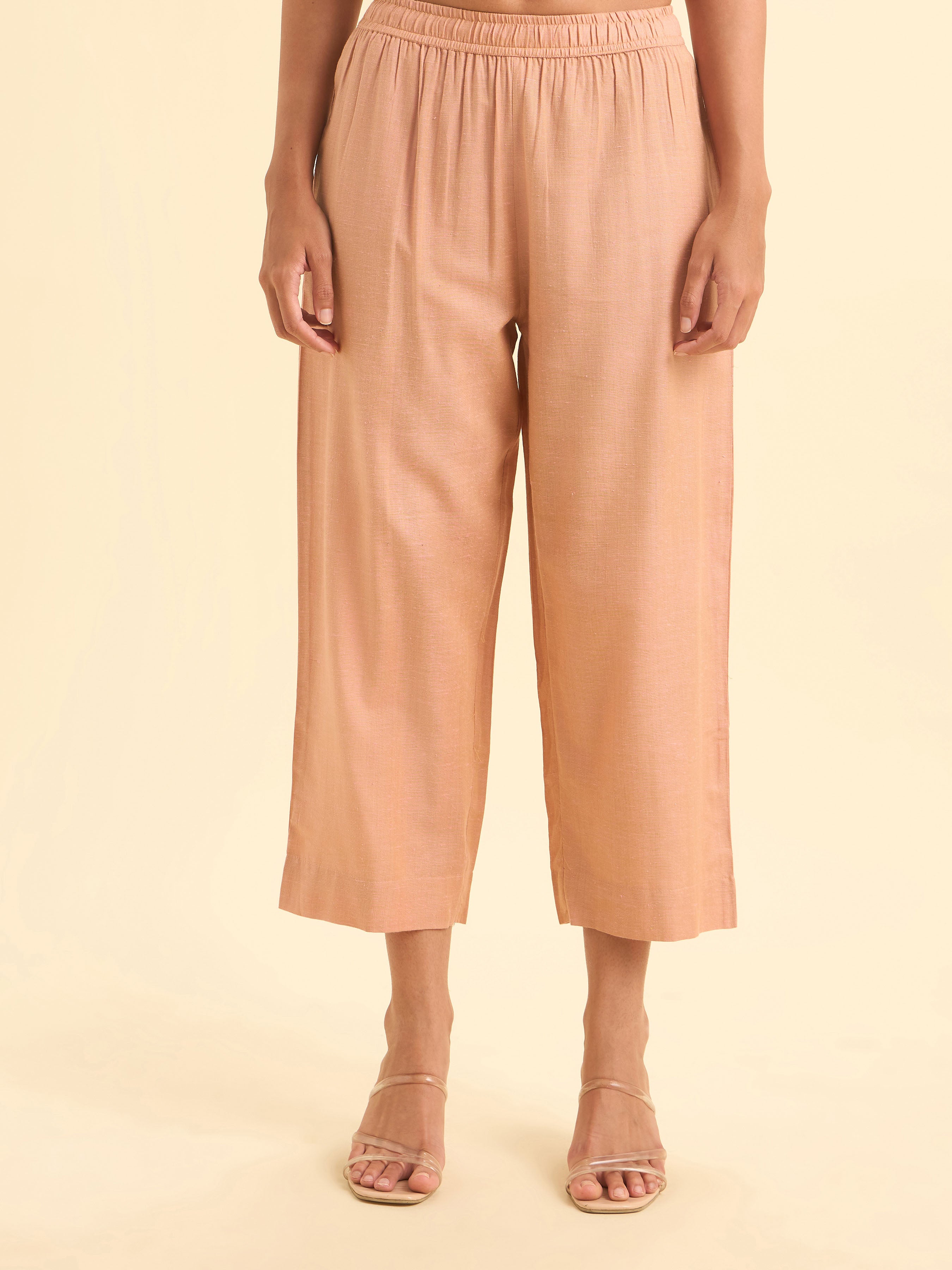 Peach Cotton Dobby Plain Slited Kurti Set With Curved Hem Line