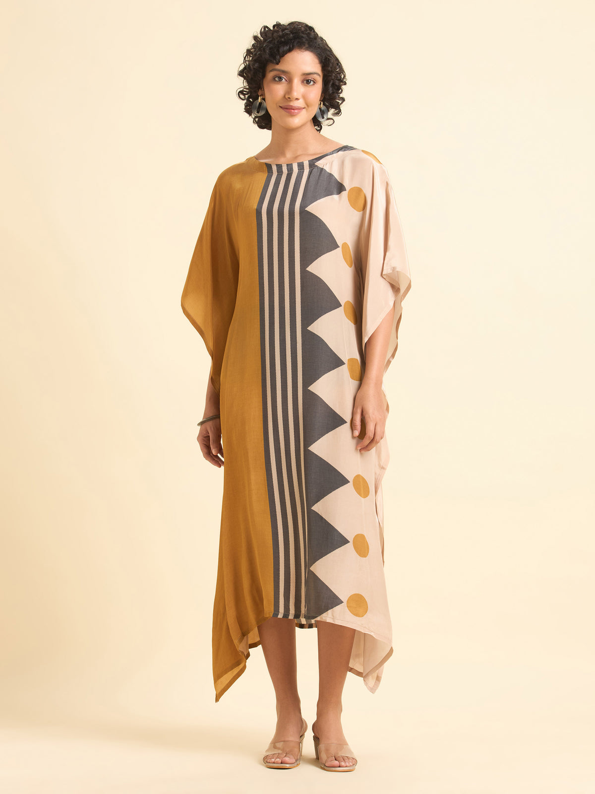 Beige Multi Colour Crepe Printed Kaftan