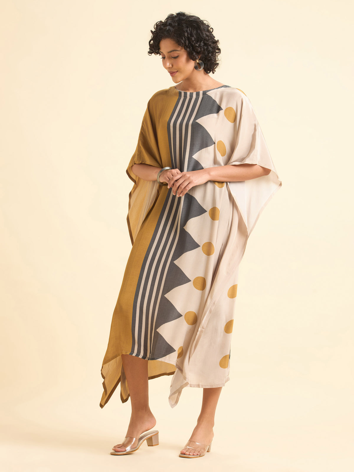 Beige Multi Colour Crepe Printed Kaftan