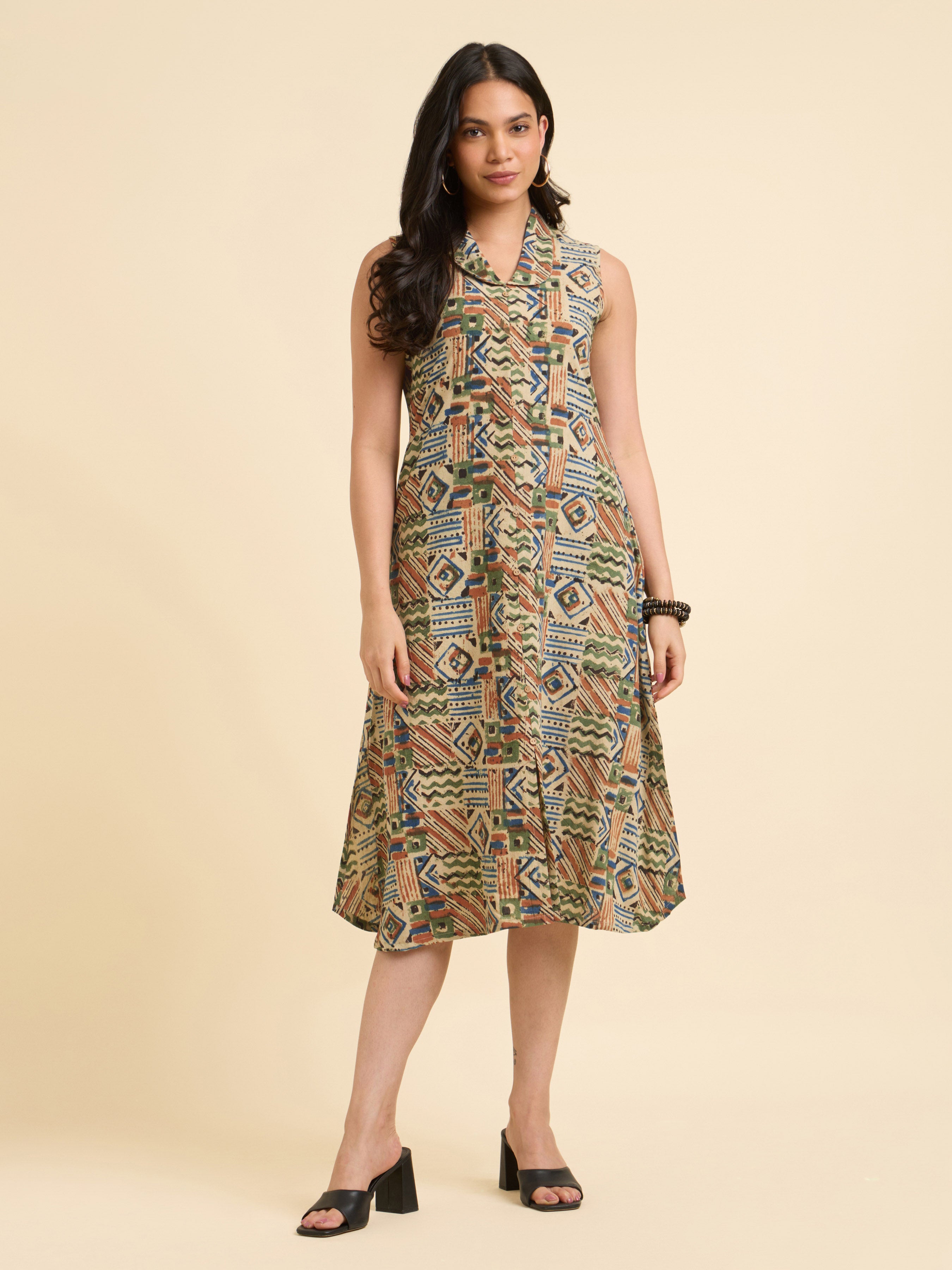 Beige Multicolour Cotton Printed Flared Kurti