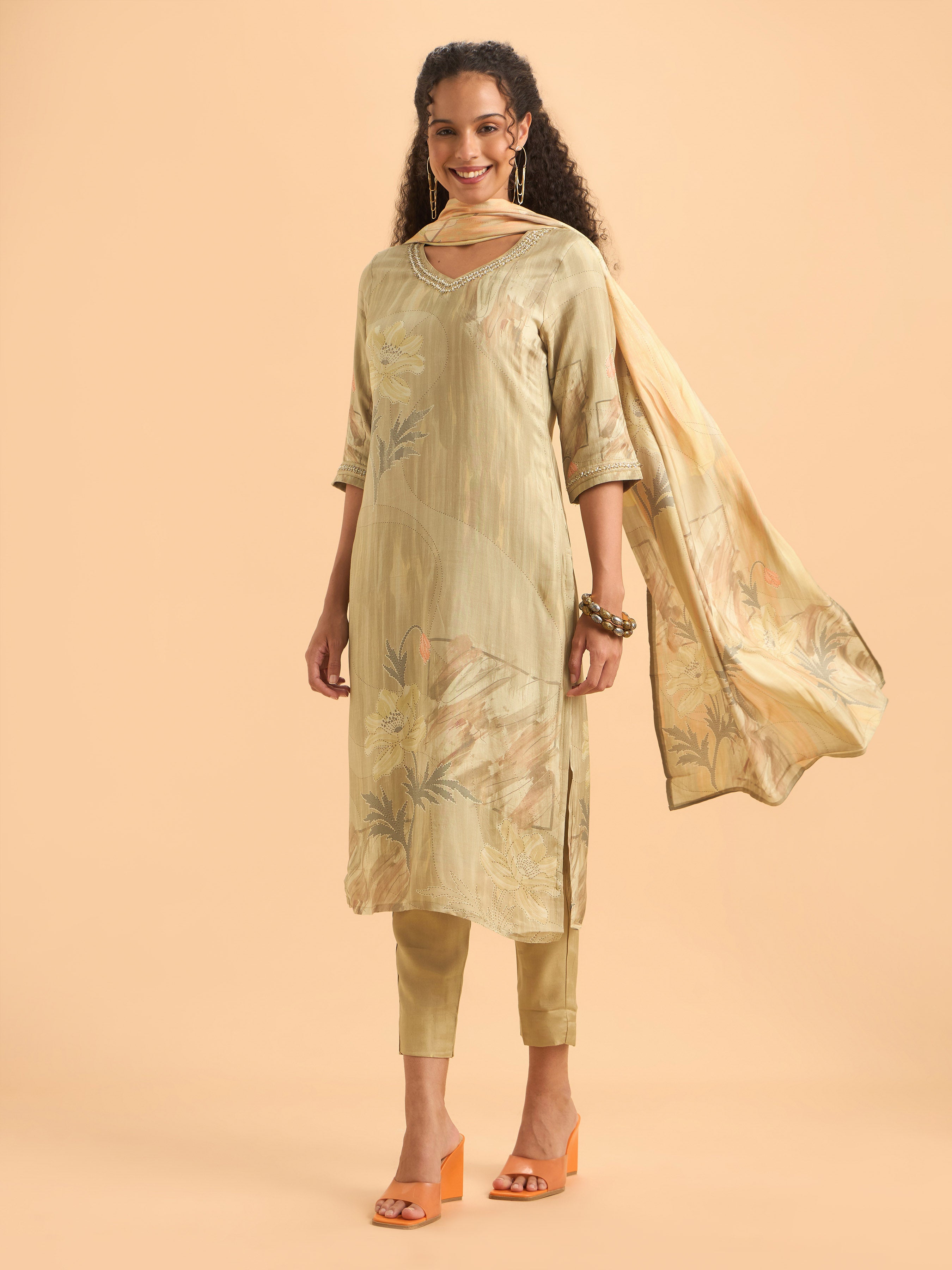 Beige Muslin Slitted Kurti Set With S cut Bead Work Styled With Printed Dupatta