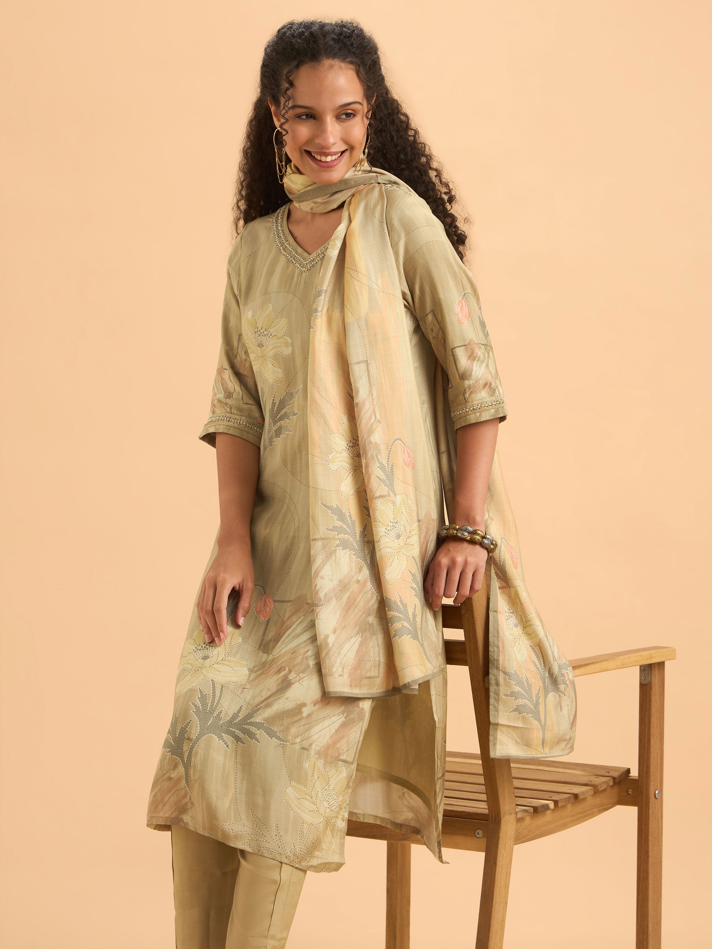 Beige Muslin Slitted Kurti Set With S cut Bead Work Styled With Printed Dupatta