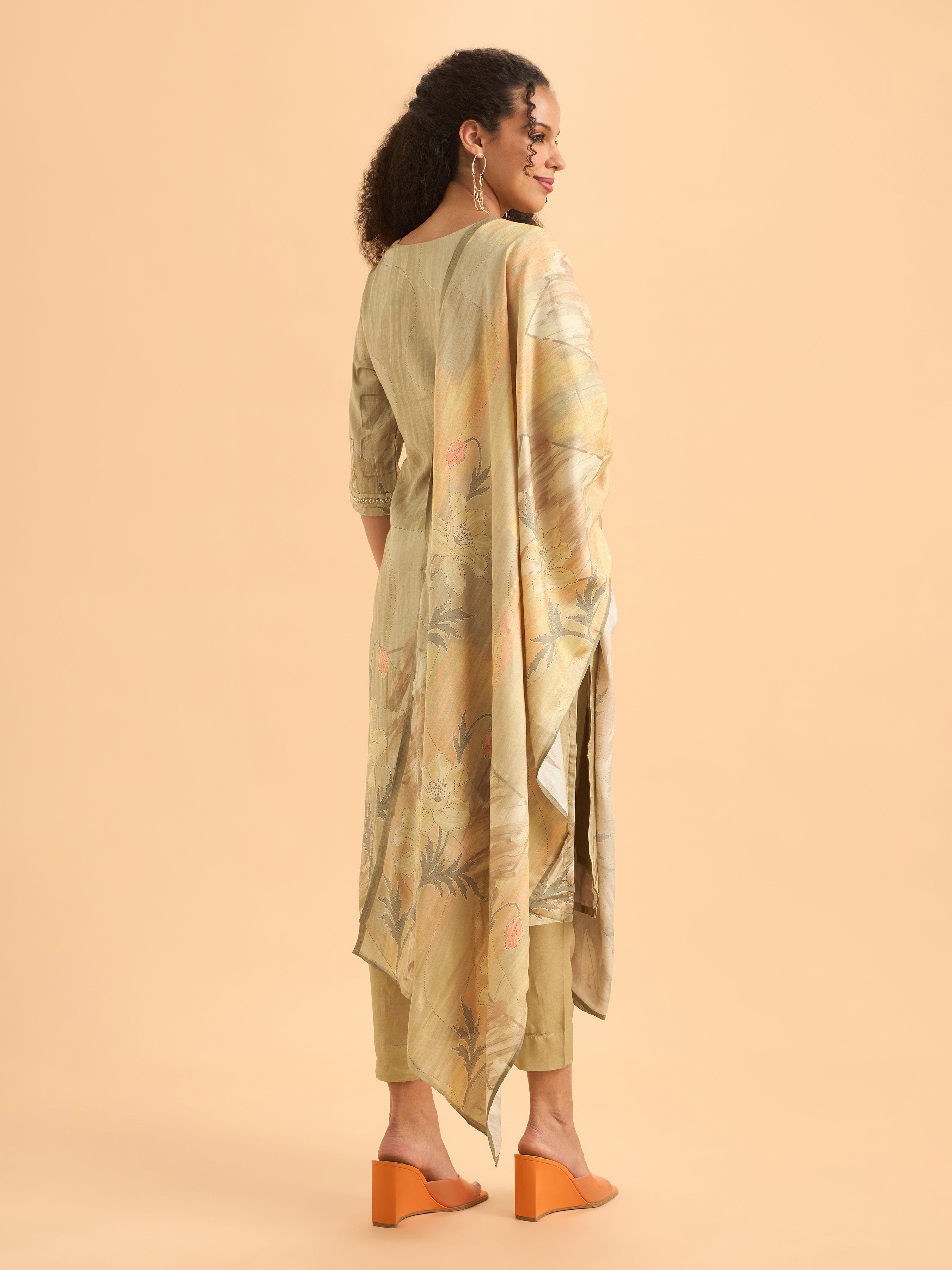 Beige Muslin Slitted Kurti Set With S cut Bead Work Styled With Printed Dupatta