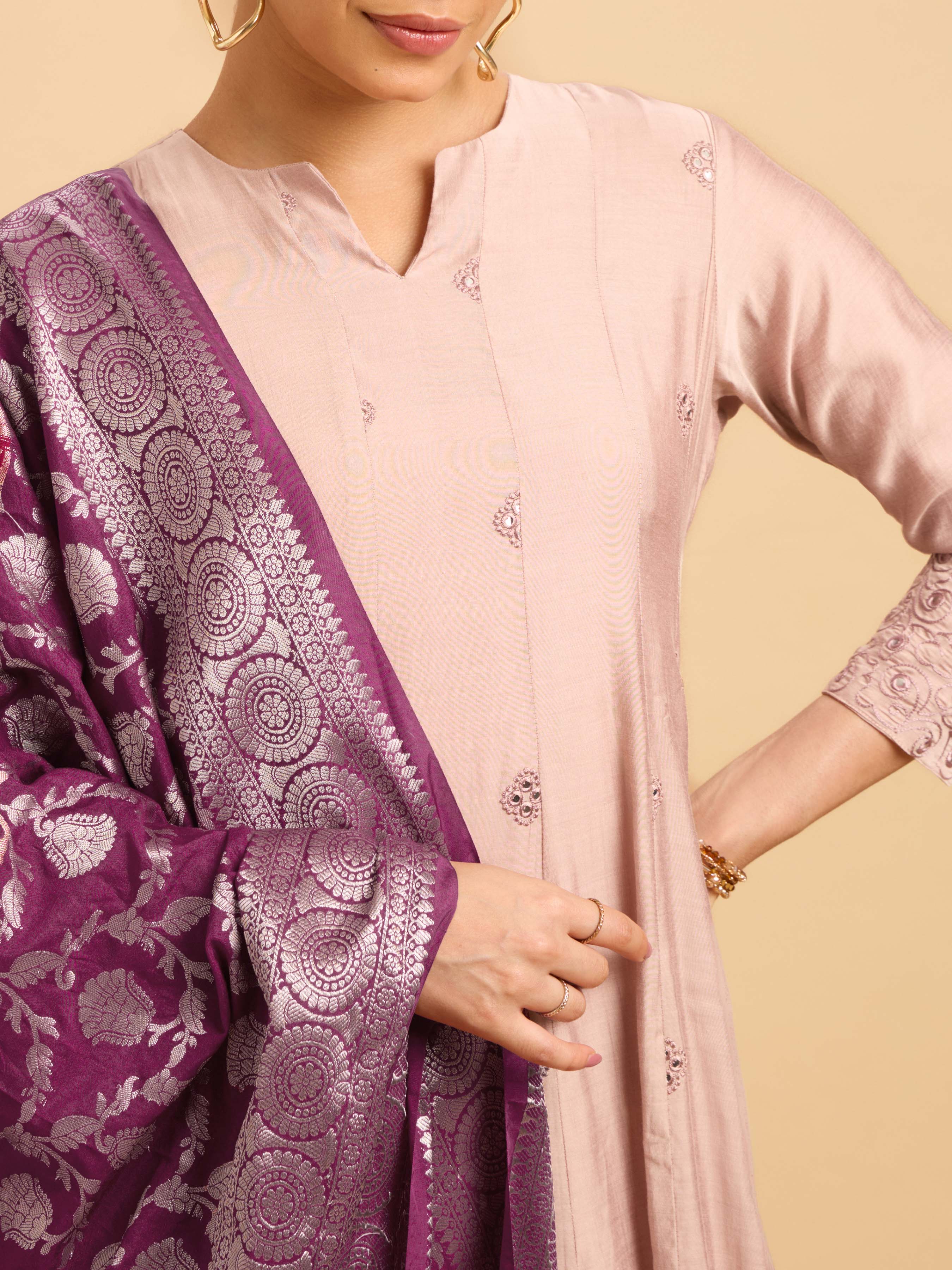 Beige Viscose Blend Kurti Set With Dupatta With Embroidery