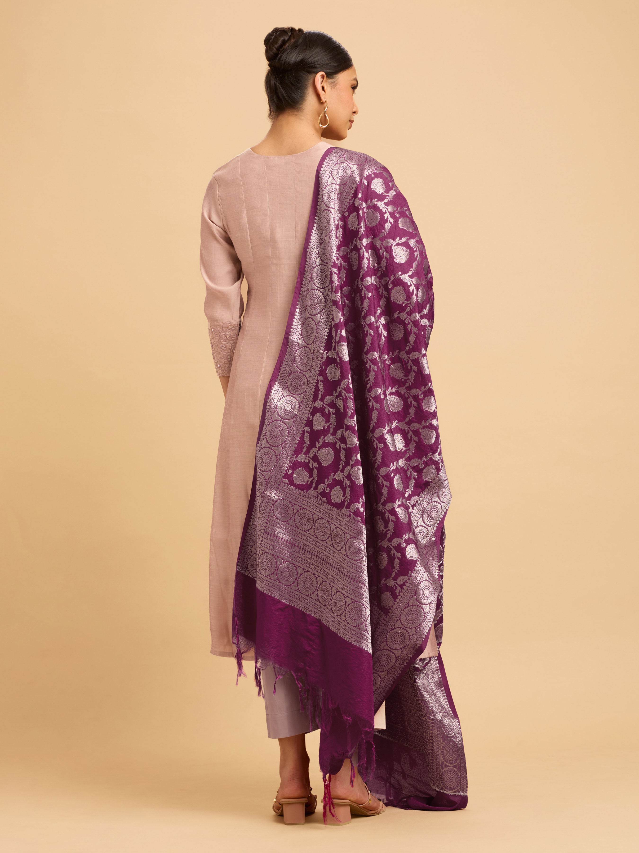 Beige Viscose Blend Kurti Set With Dupatta With Embroidery