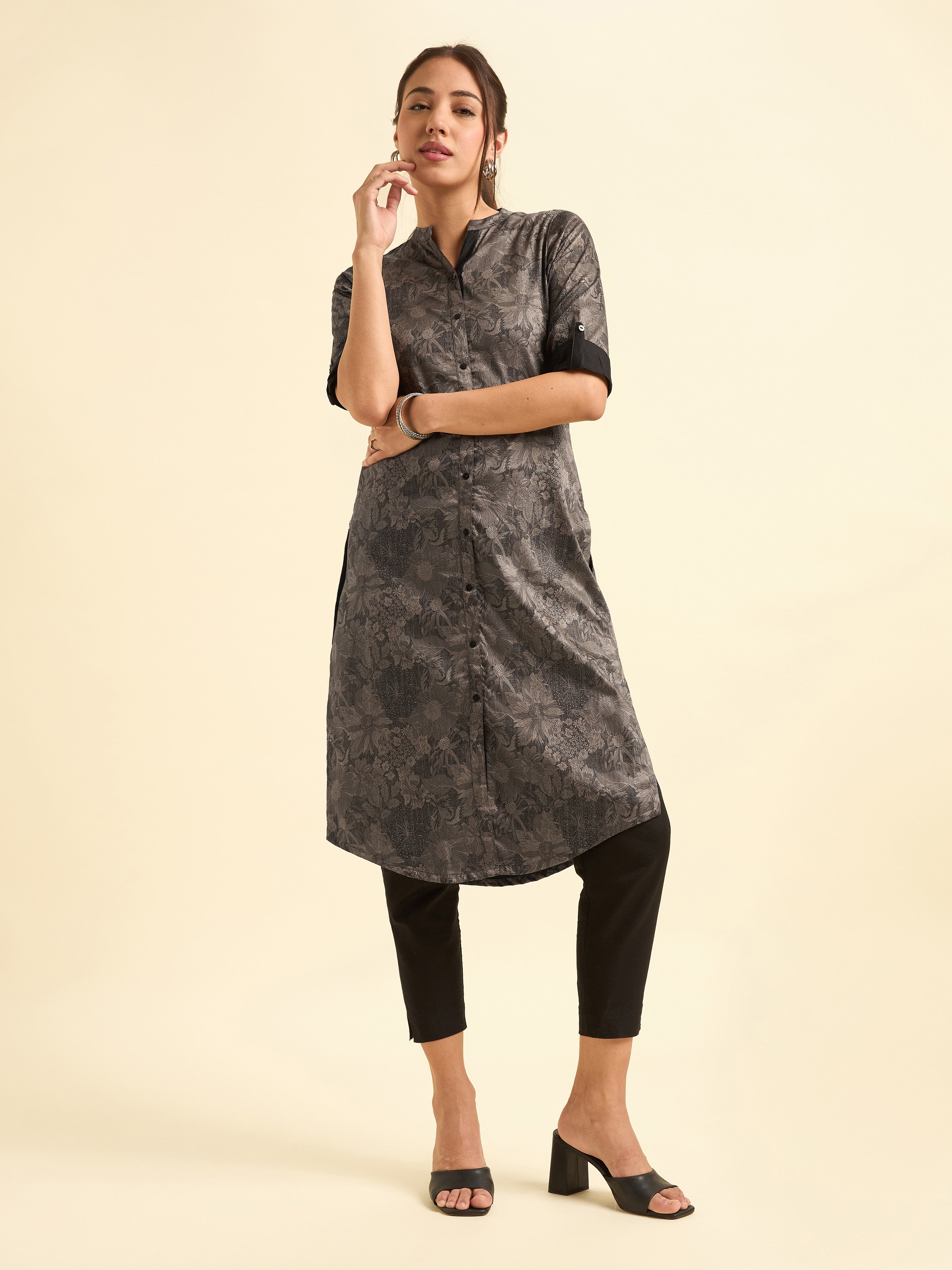 Black and Grey Cotton Satin Printed Slitted Kurti With Liberty Cut