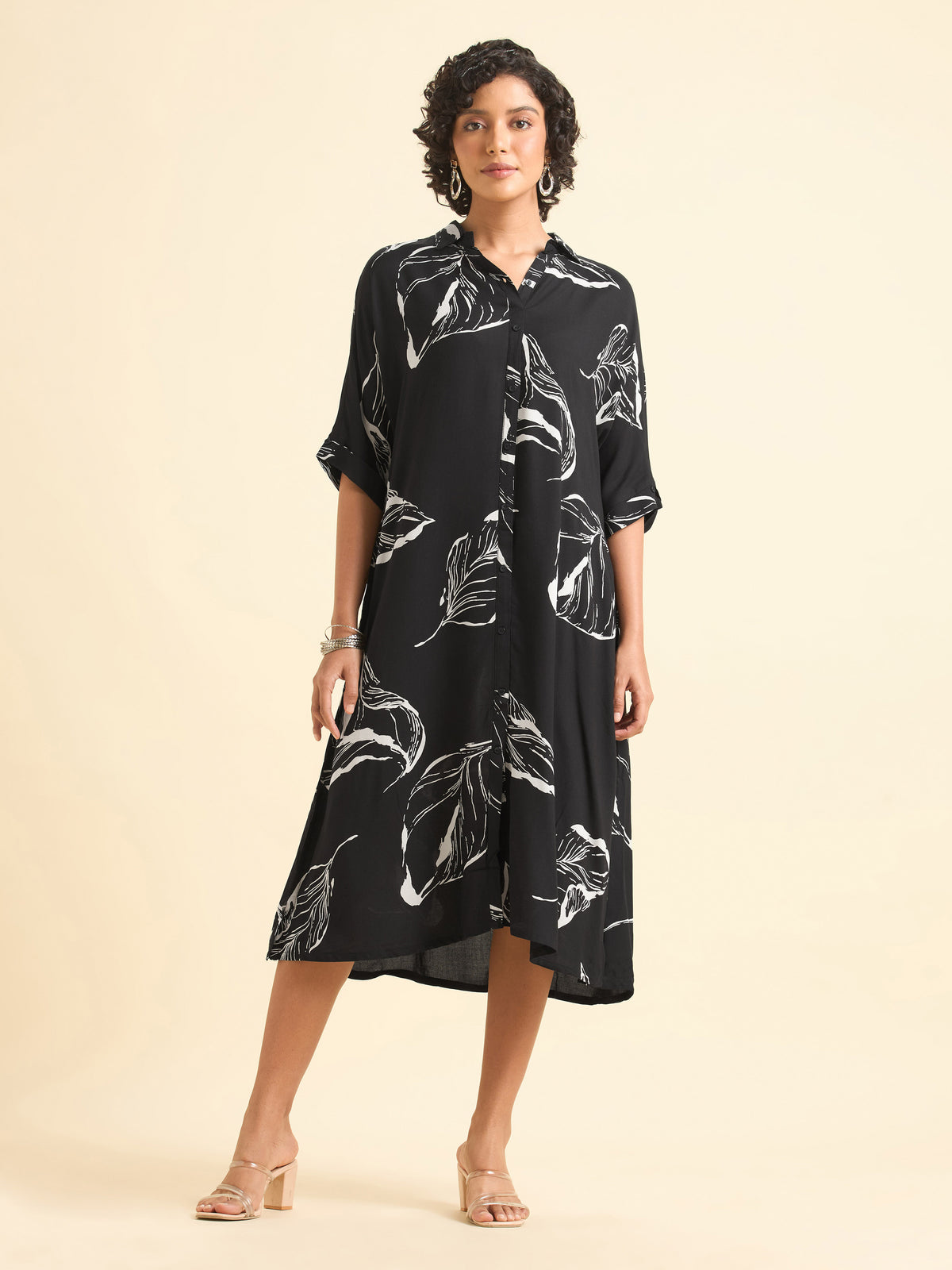 Black And Ivory Viscose Printed Flared Kaftan With Handwork