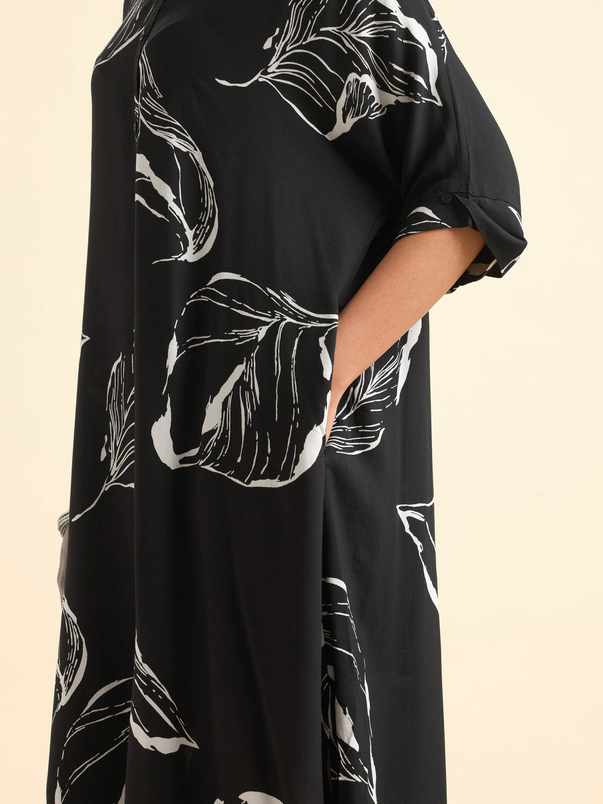 Black And Ivory Viscose Printed Flared Kaftan With Handwork