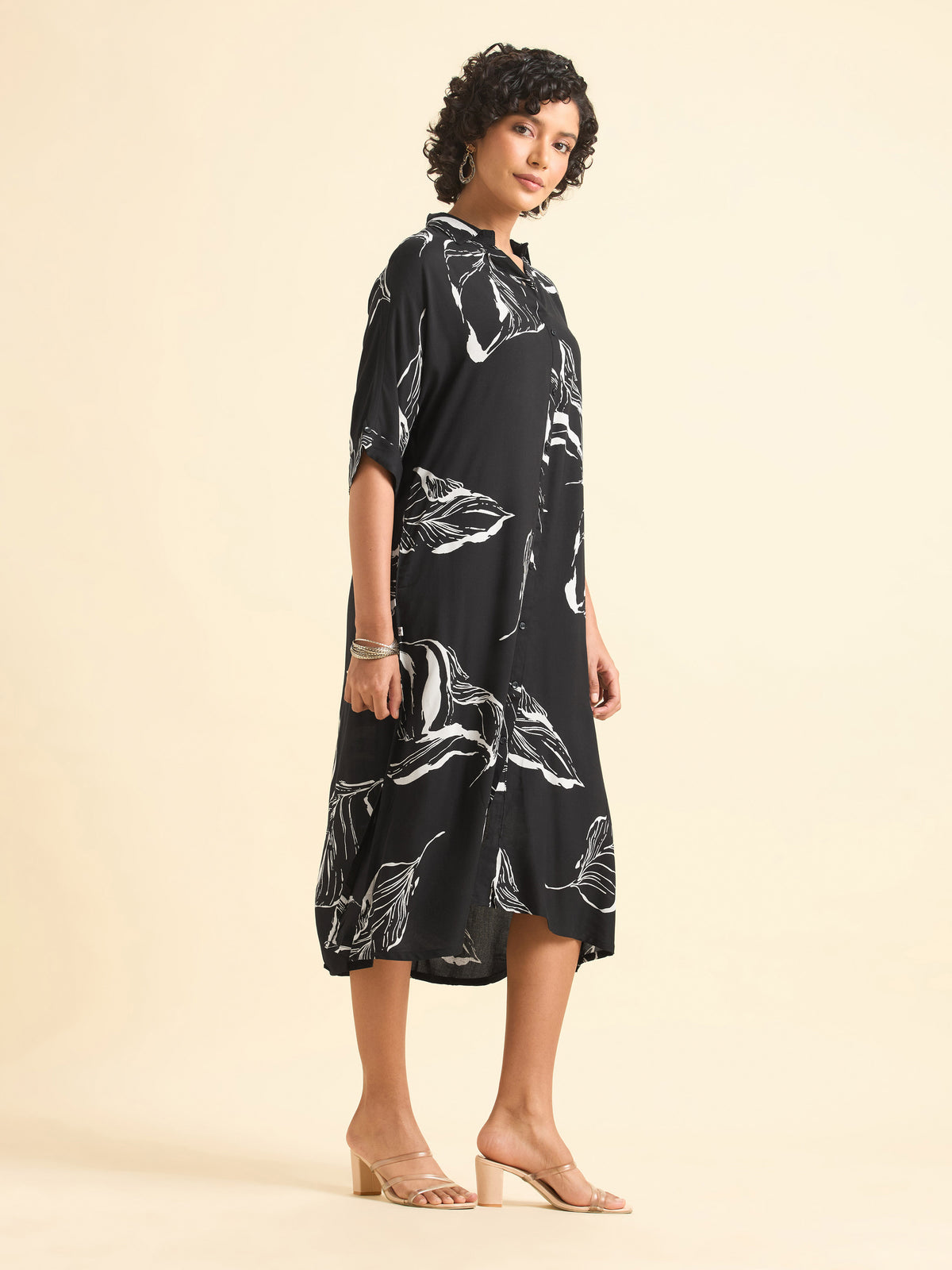 Black And Ivory Viscose Printed Flared Kaftan With Handwork