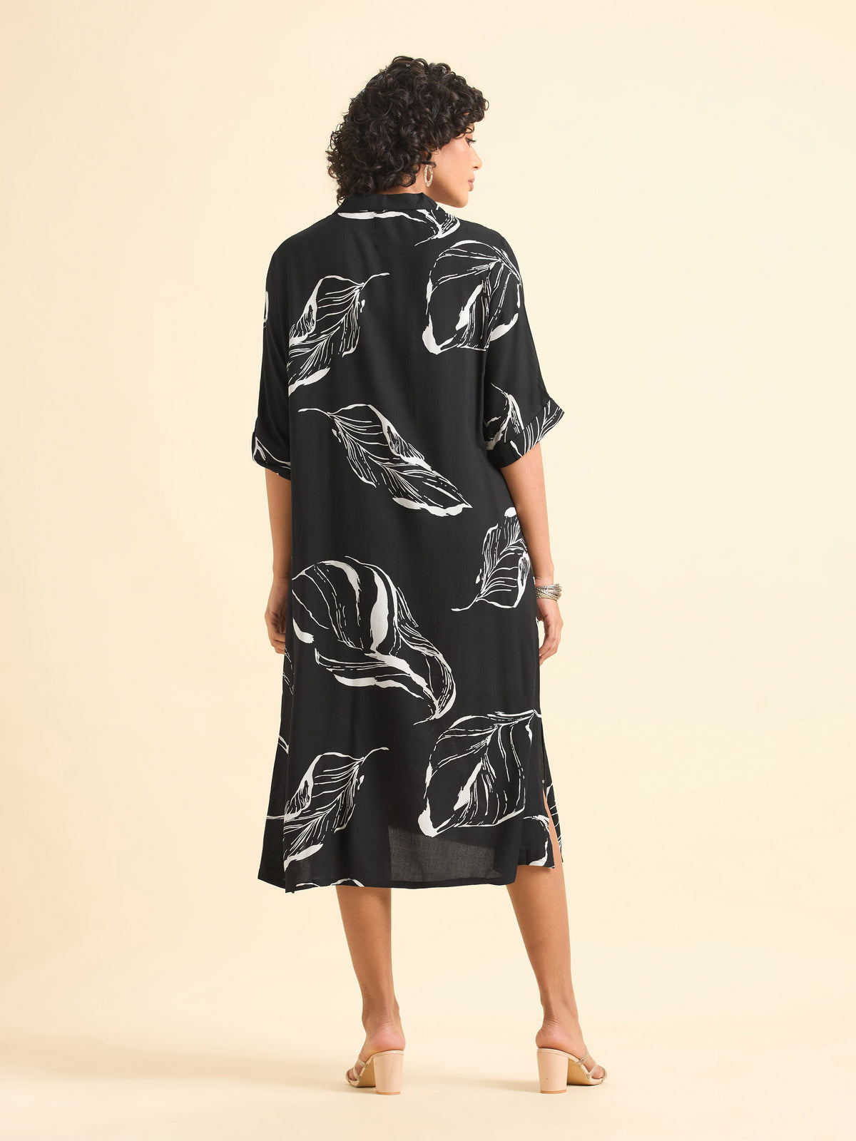 Black And Ivory Viscose Printed Flared Kaftan With Handwork