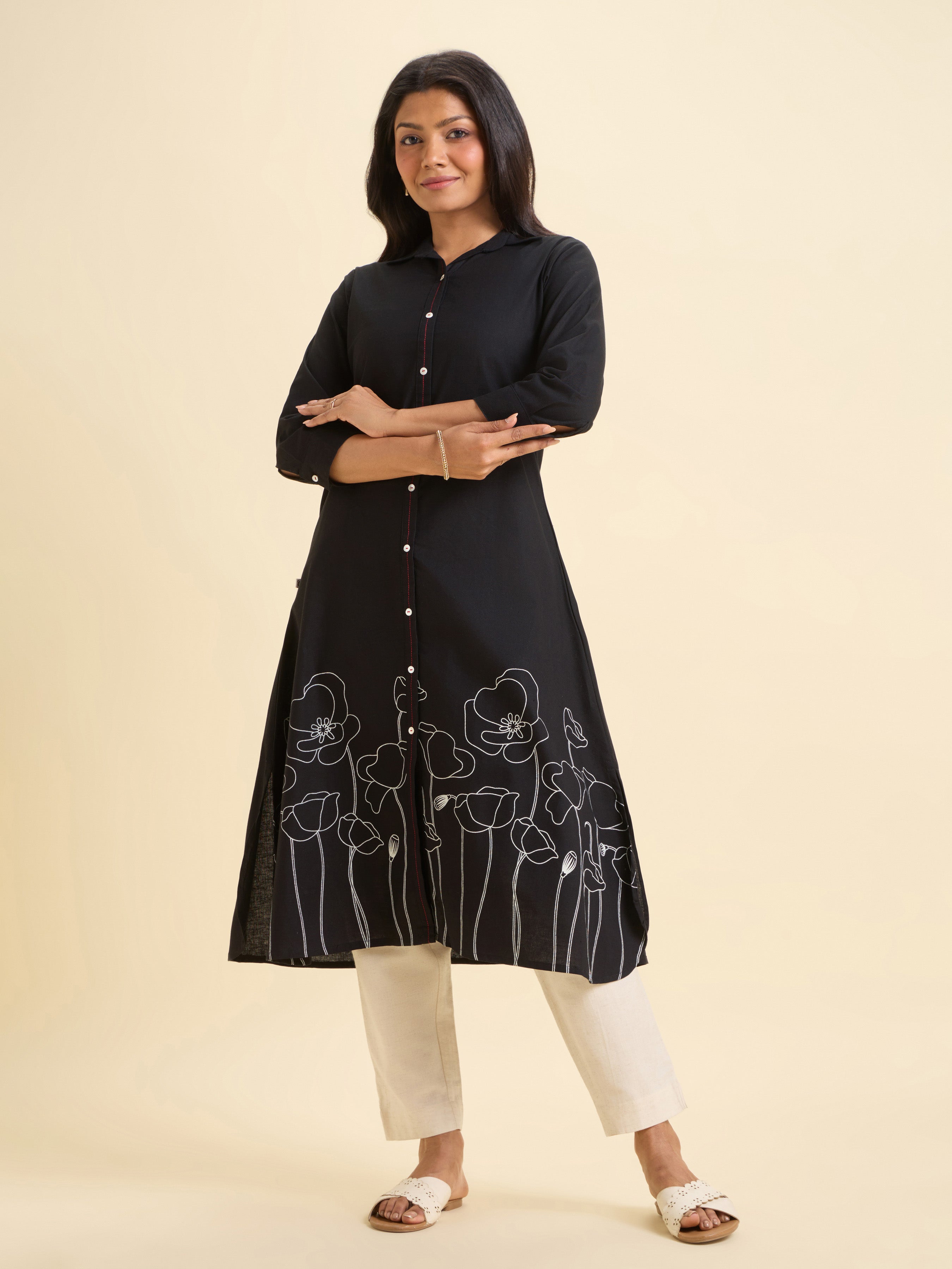 Black Cotton Flax Plain Flared Kurti With Curved Hem And Placement Print