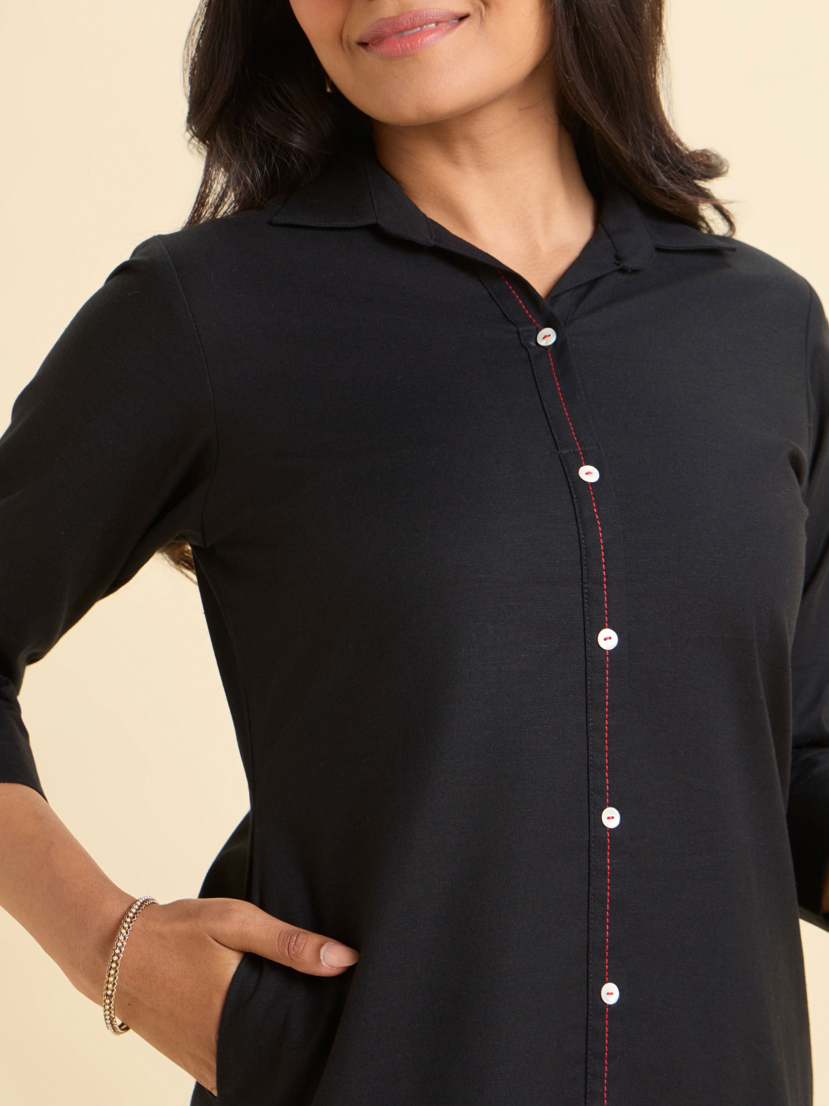 Black Cotton Flax Plain Flared Kurti With Curved Hem And Placement Print