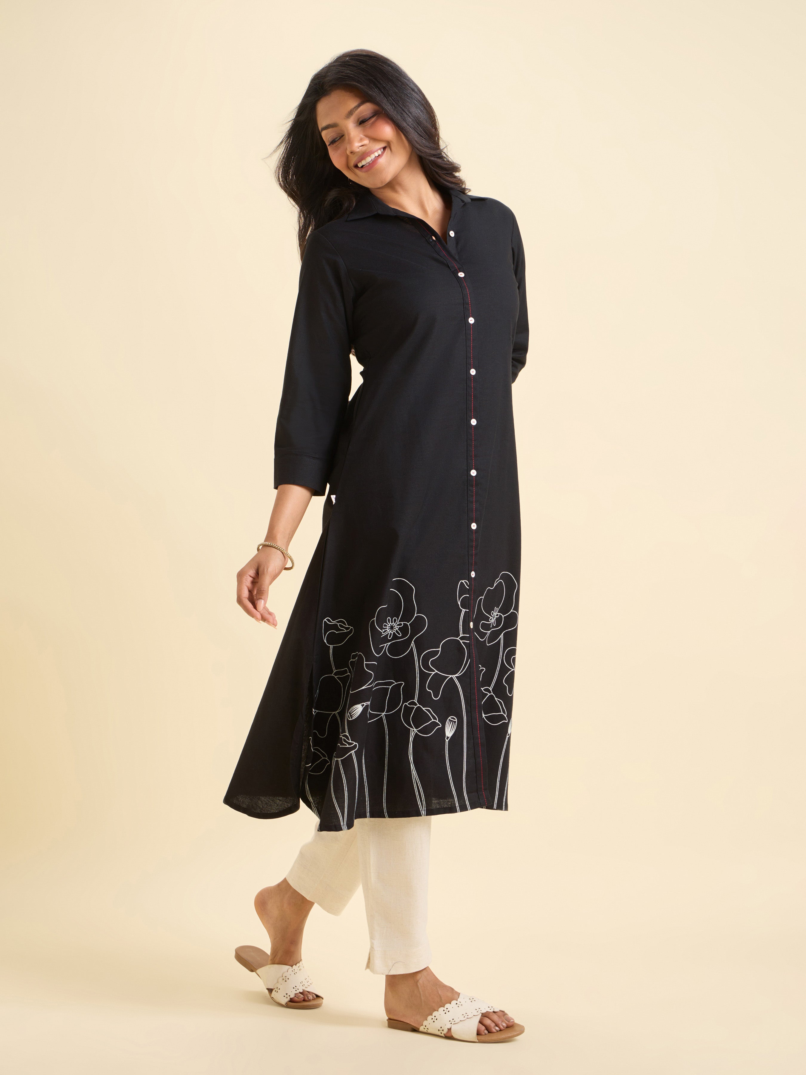 Black Cotton Flax Plain Flared Kurti With Curved Hem And Placement Print