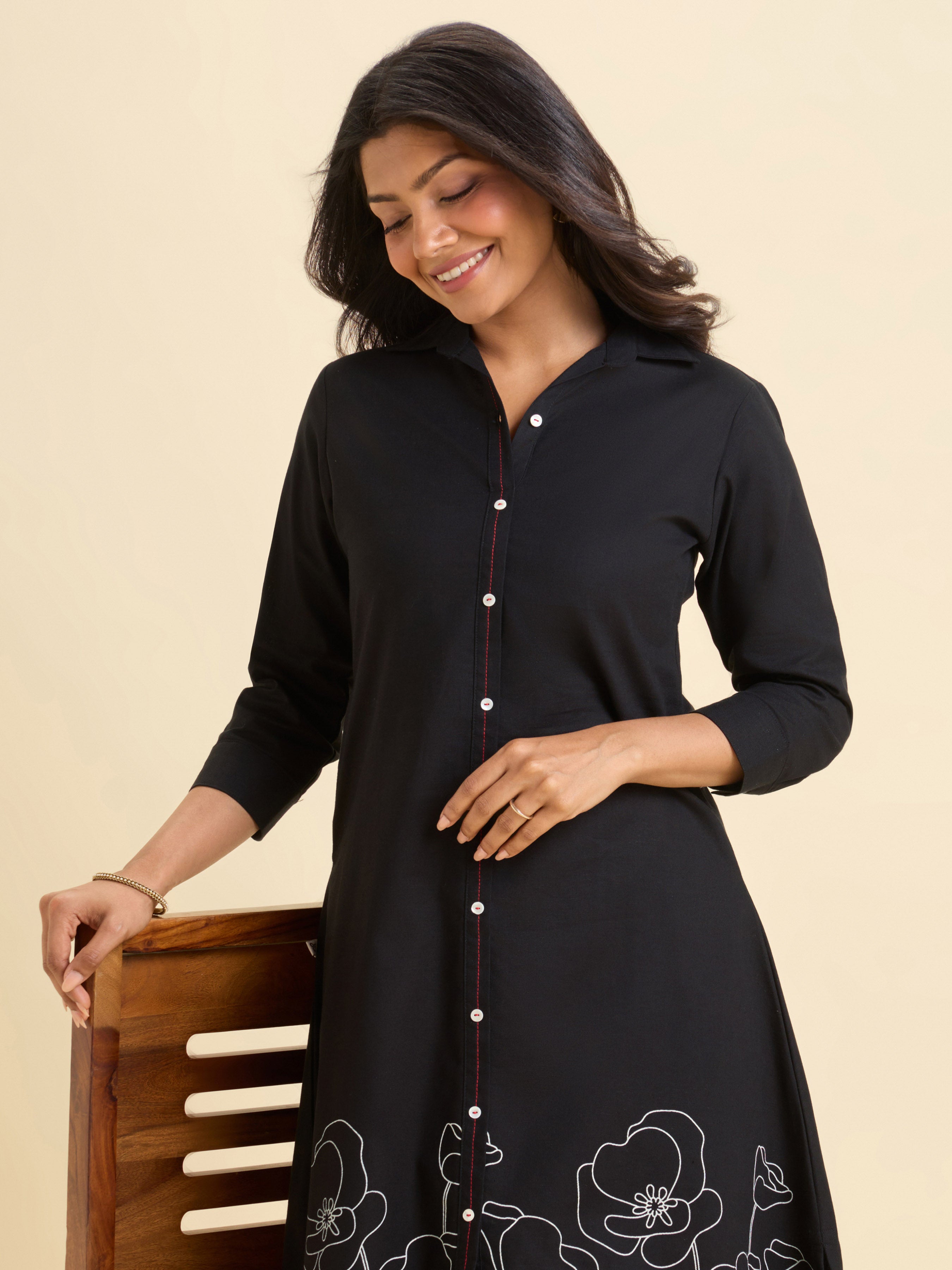 Black Cotton Flax Plain Flared Kurti With Curved Hem And Placement Print