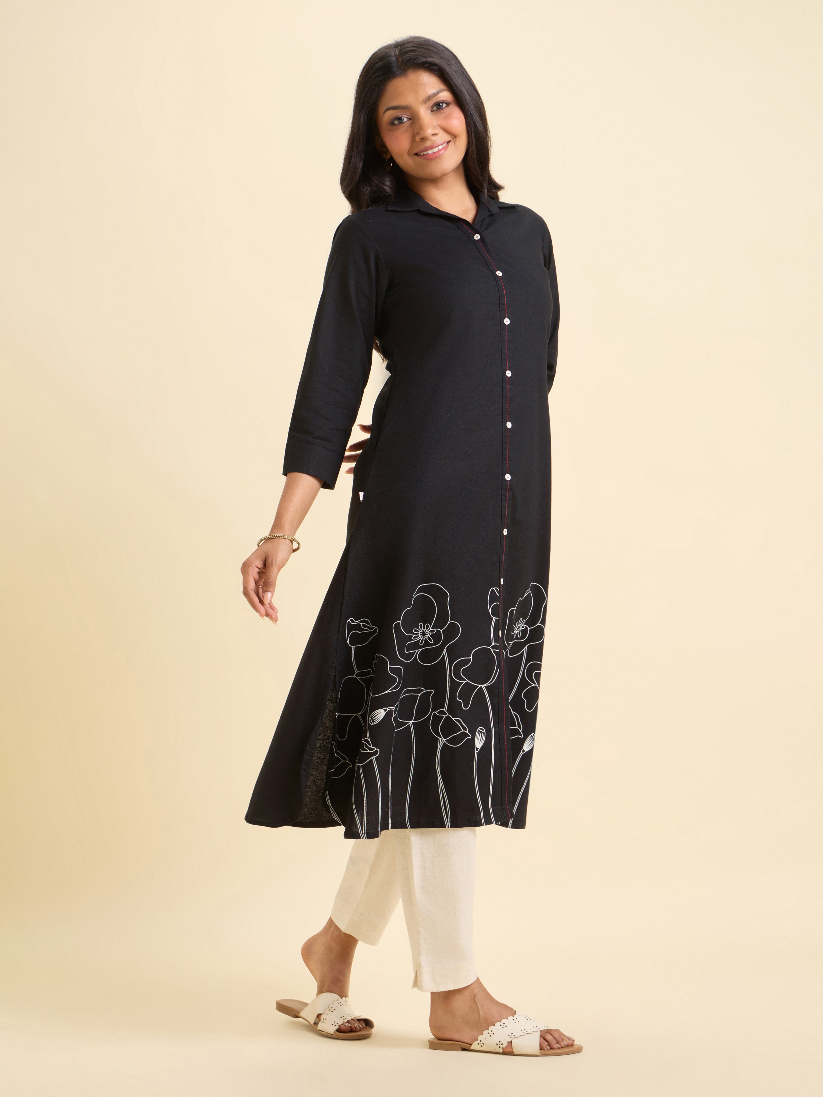 Black Cotton Flax Plain Flared Kurti With Curved Hem And Placement Print