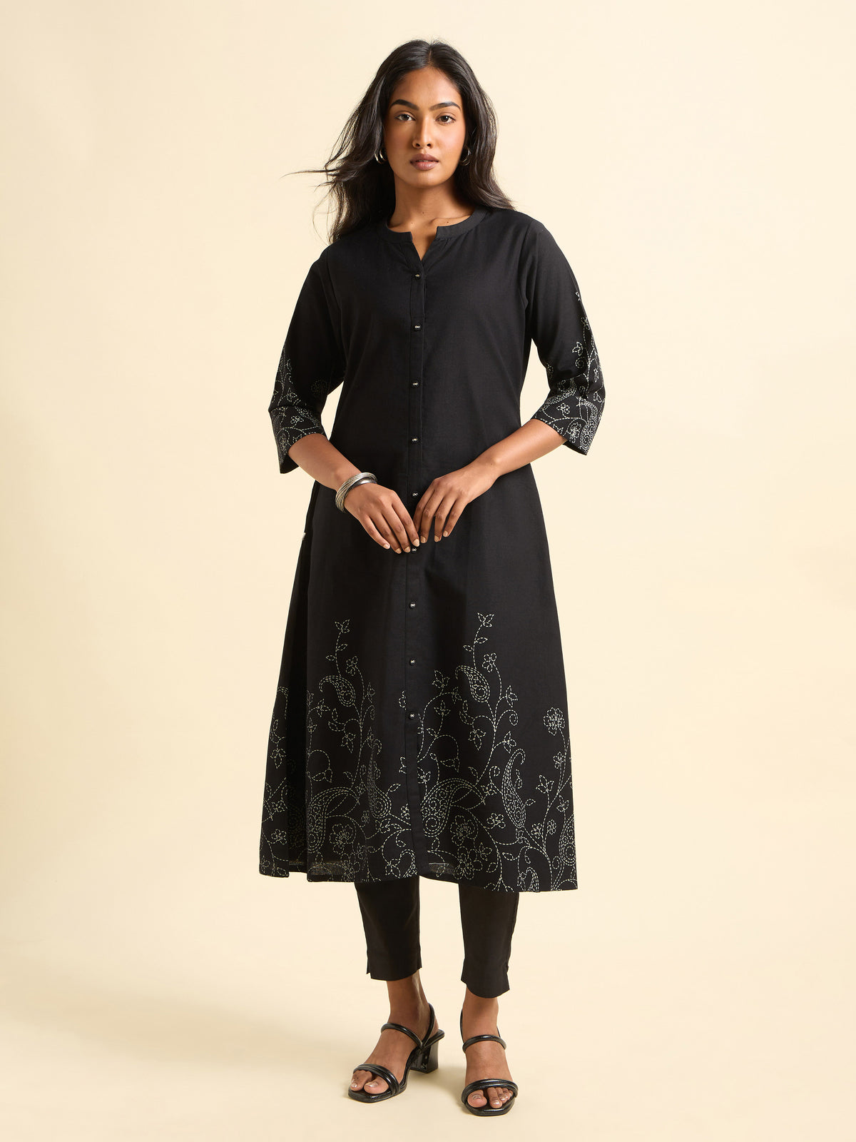 Black Cotton Flax Plain Flared Kurti With Placement Print