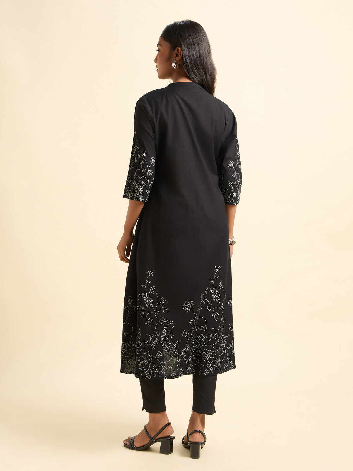 Black Cotton Flax Plain Flared Kurti With Placement Print