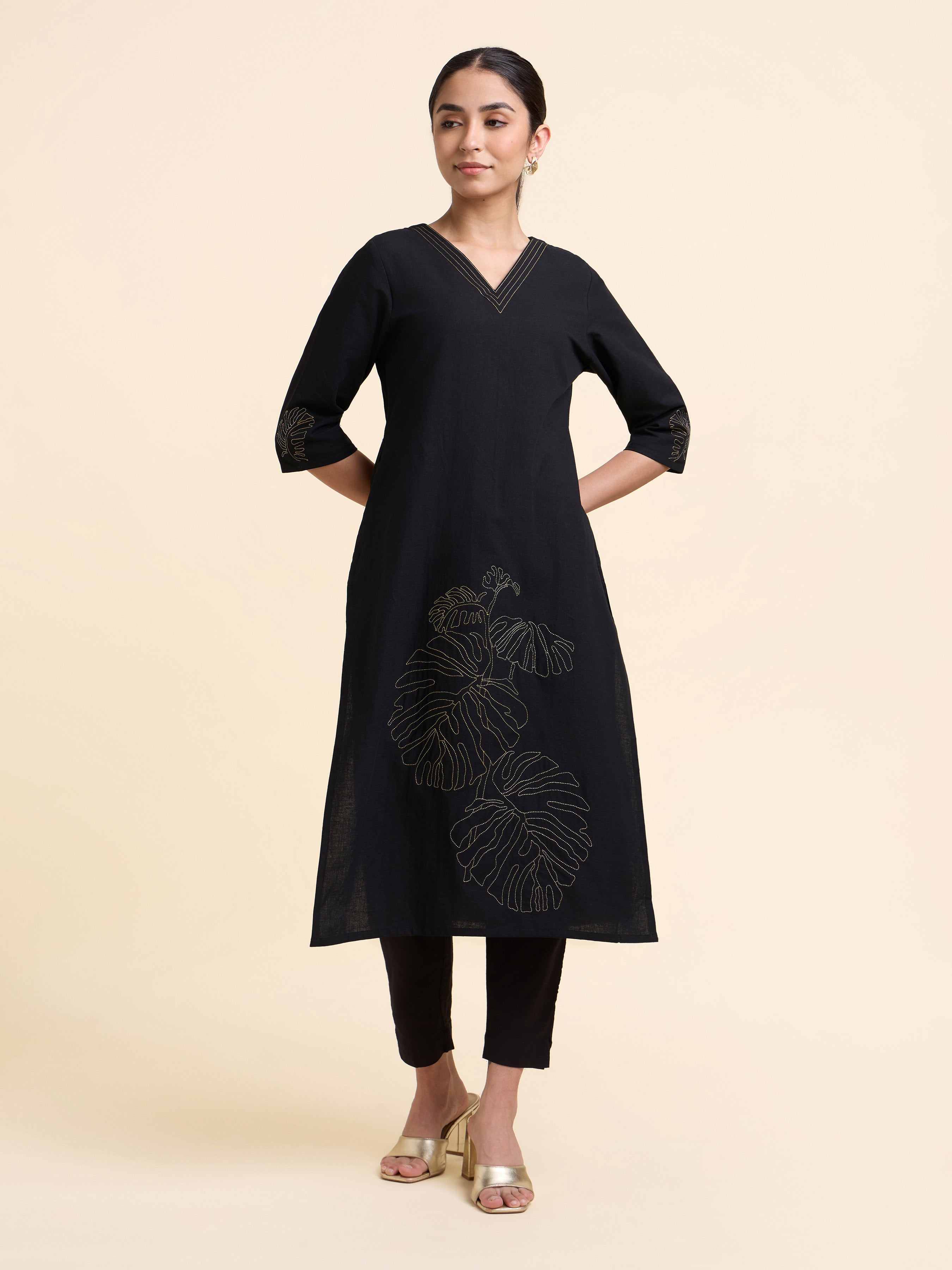 Black Cotton Flax Plain Slitted Kurti With Embroidery