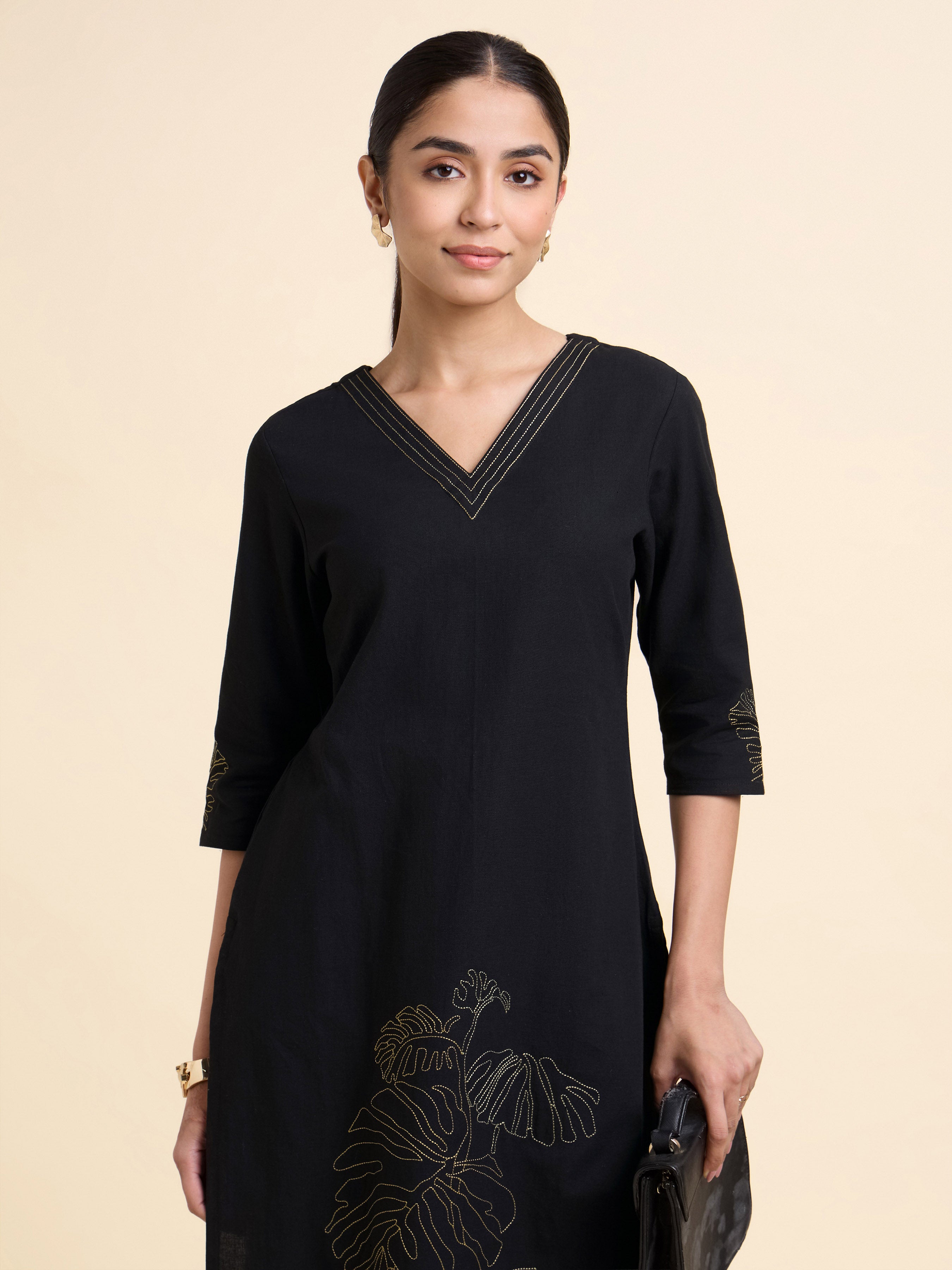 Black Cotton Flax Plain Slitted Kurti With Embroidery