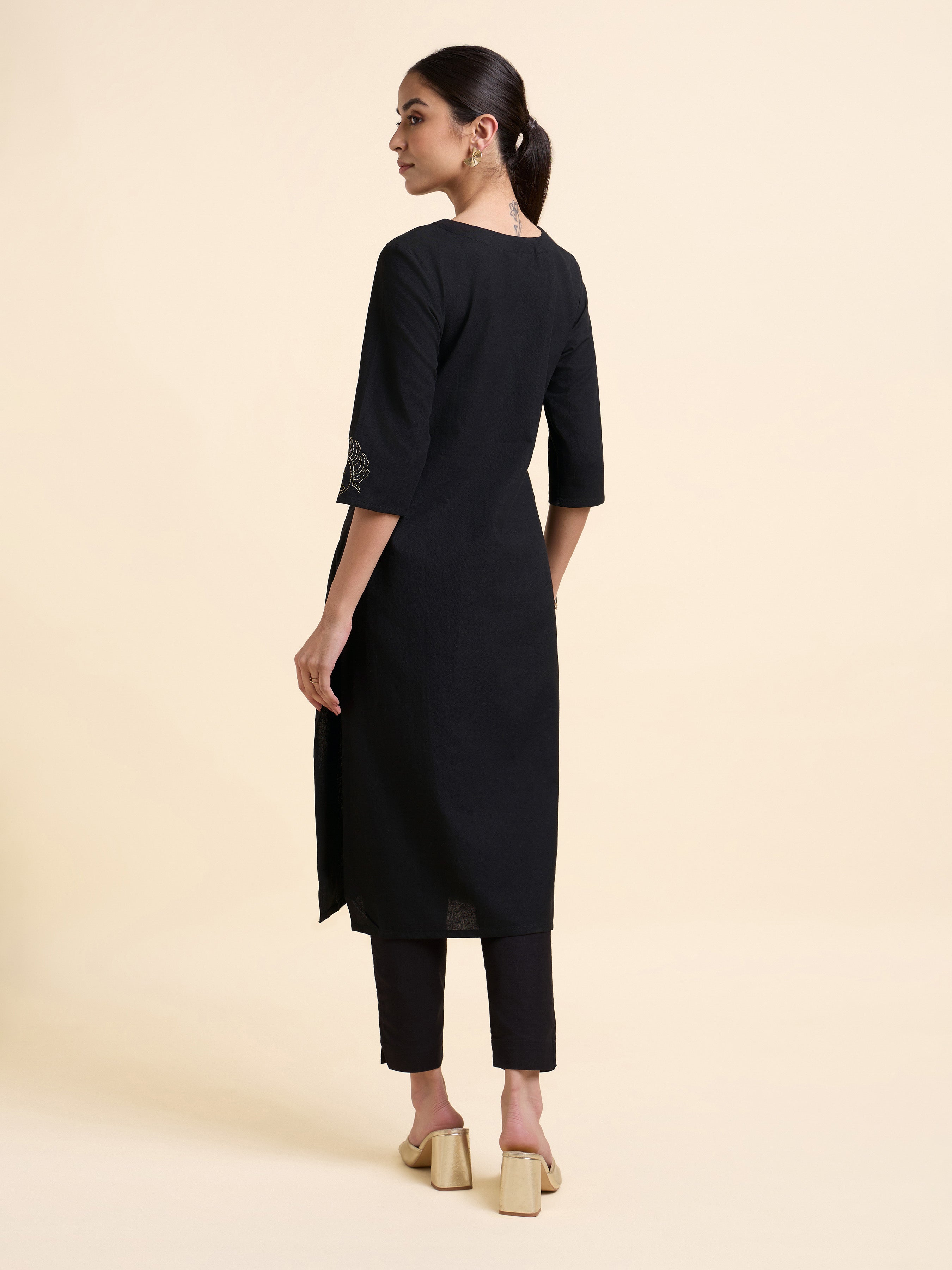 Black Cotton Flax Plain Slitted Kurti With Embroidery