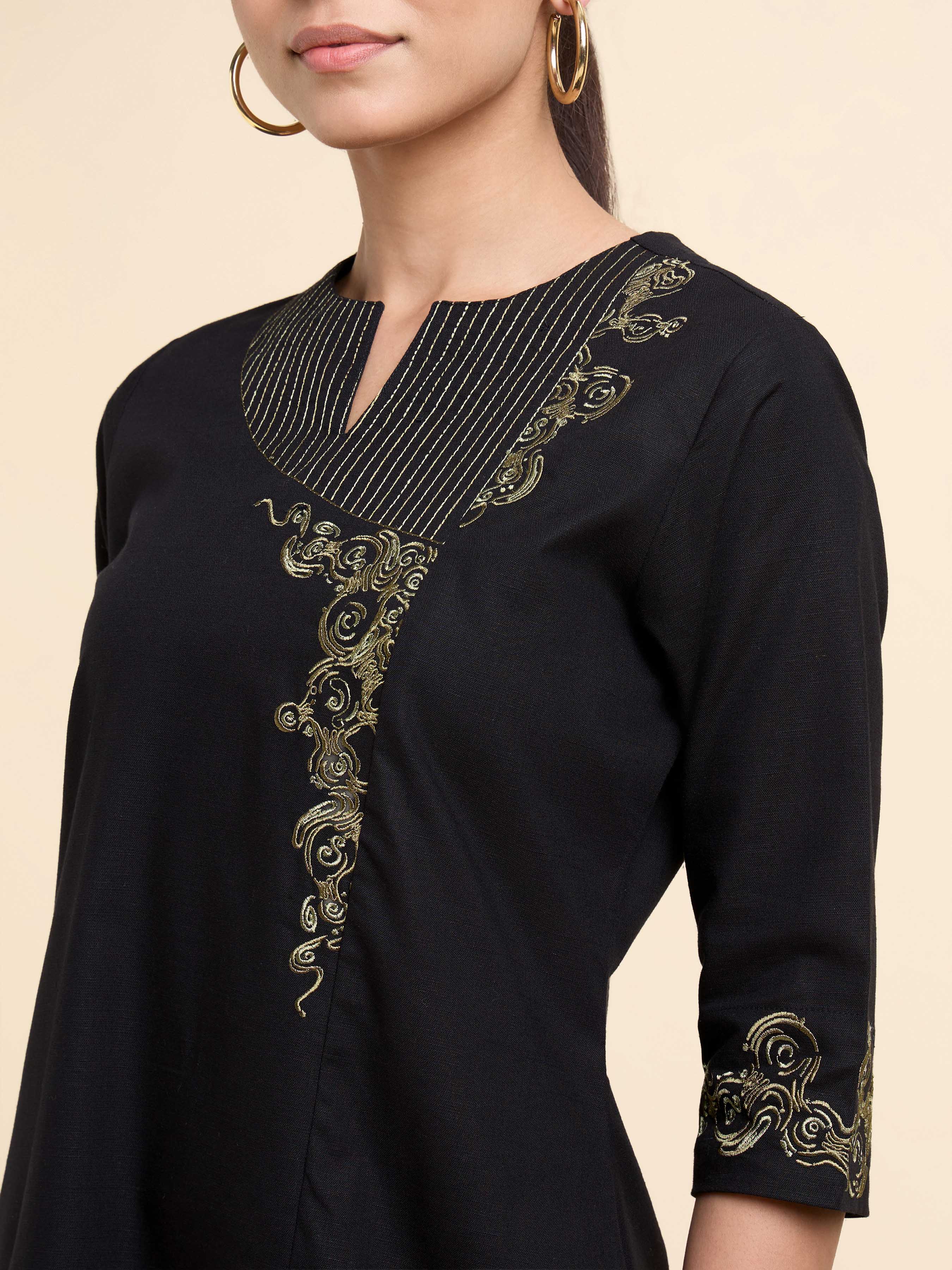 Black Cotton Flax Slub Plain Kurti With Embroidery