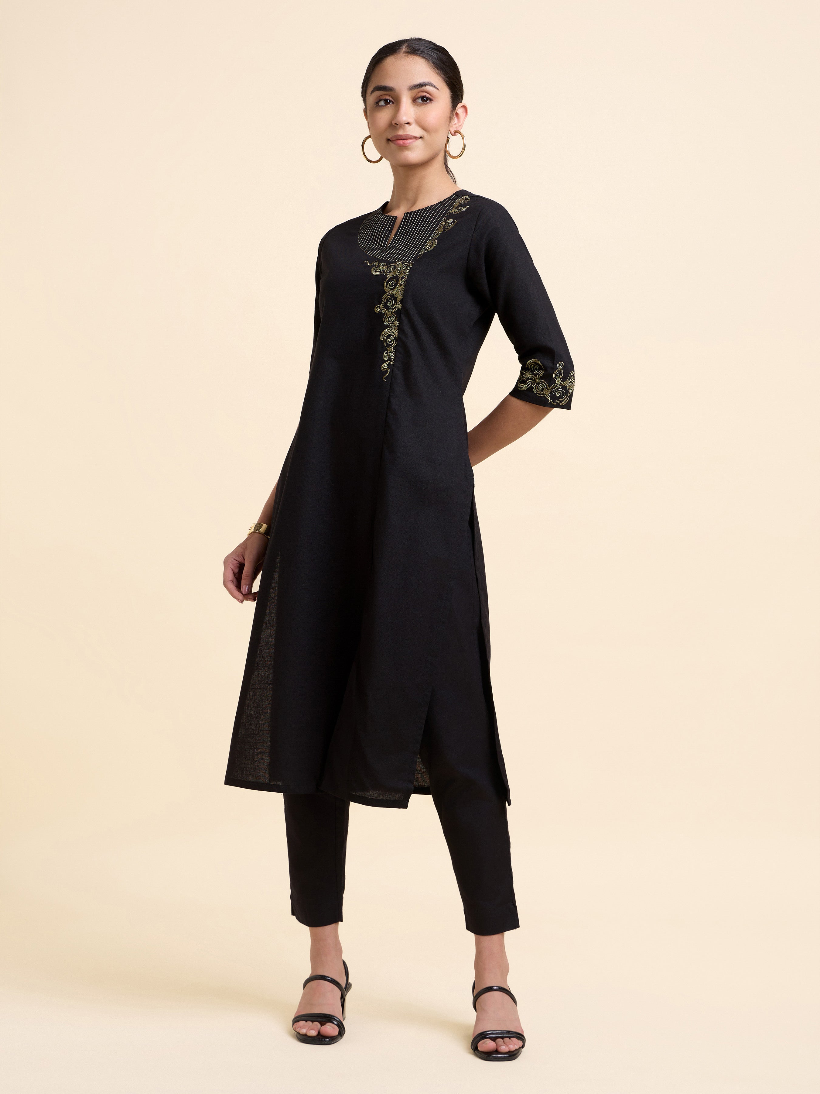 Black Cotton Flax Slub Plain Kurti With Embroidery