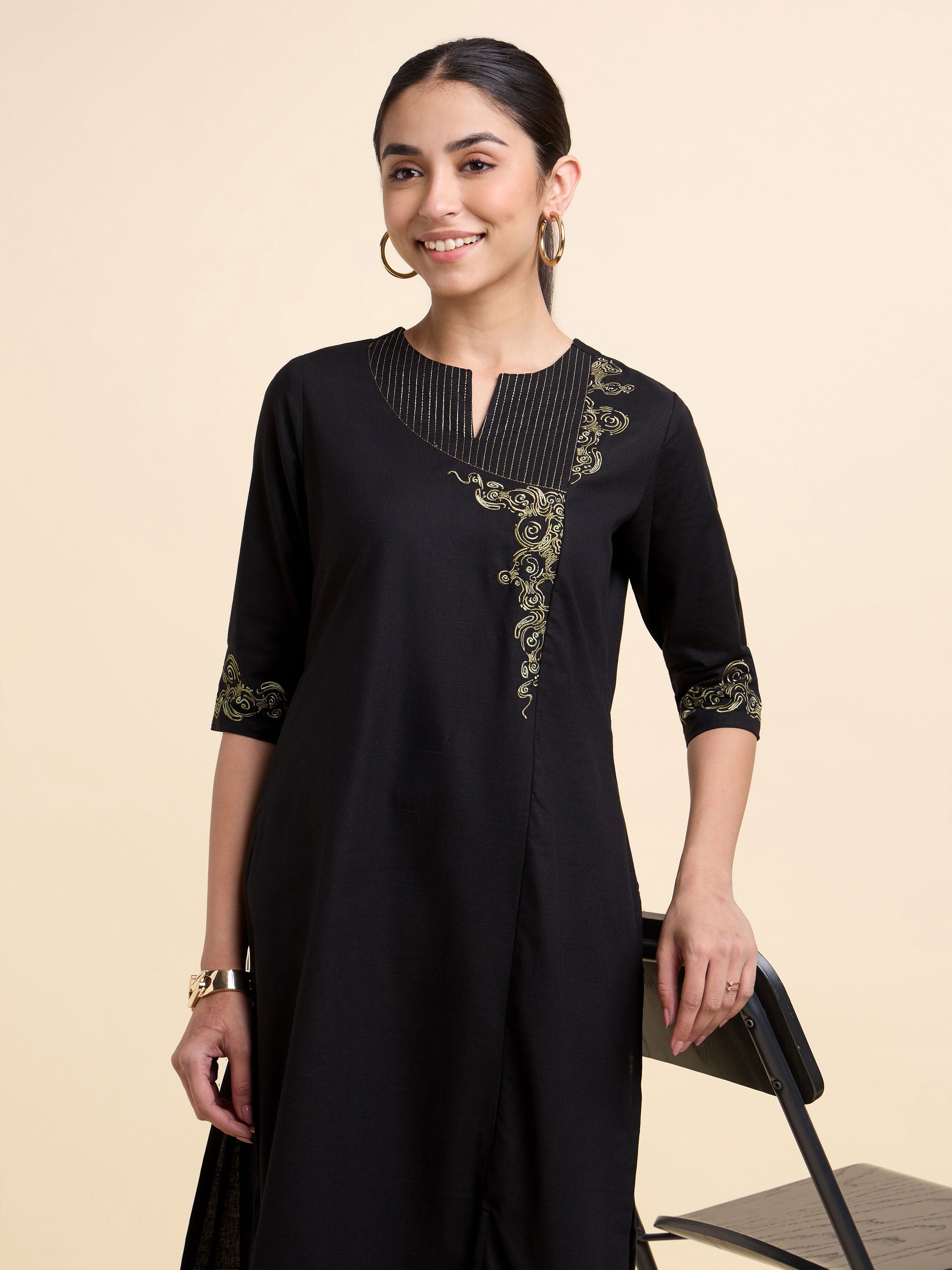 Black Cotton Flax Slub Plain Kurti With Embroidery