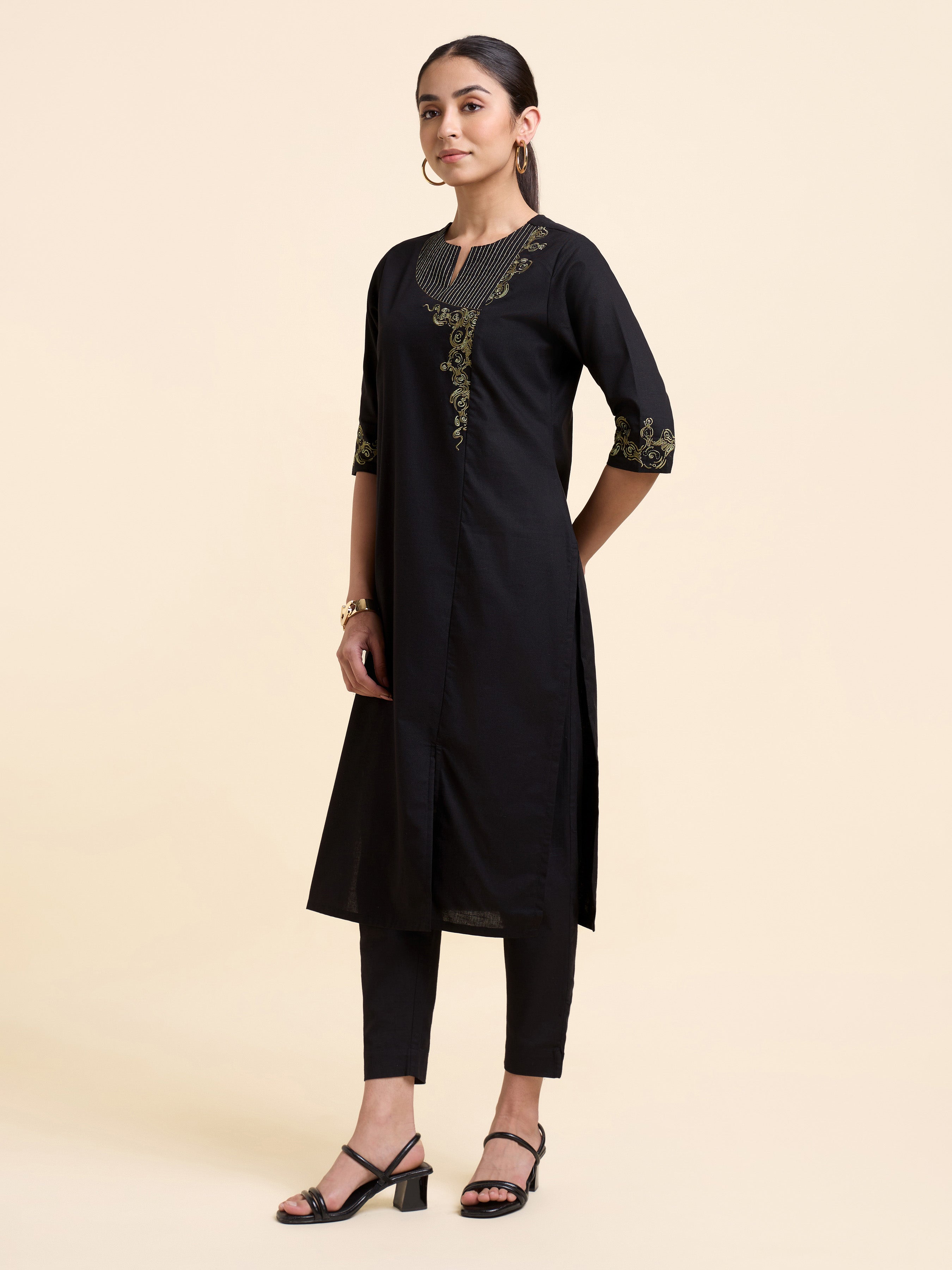 Black Cotton Flax Slub Plain Kurti With Embroidery