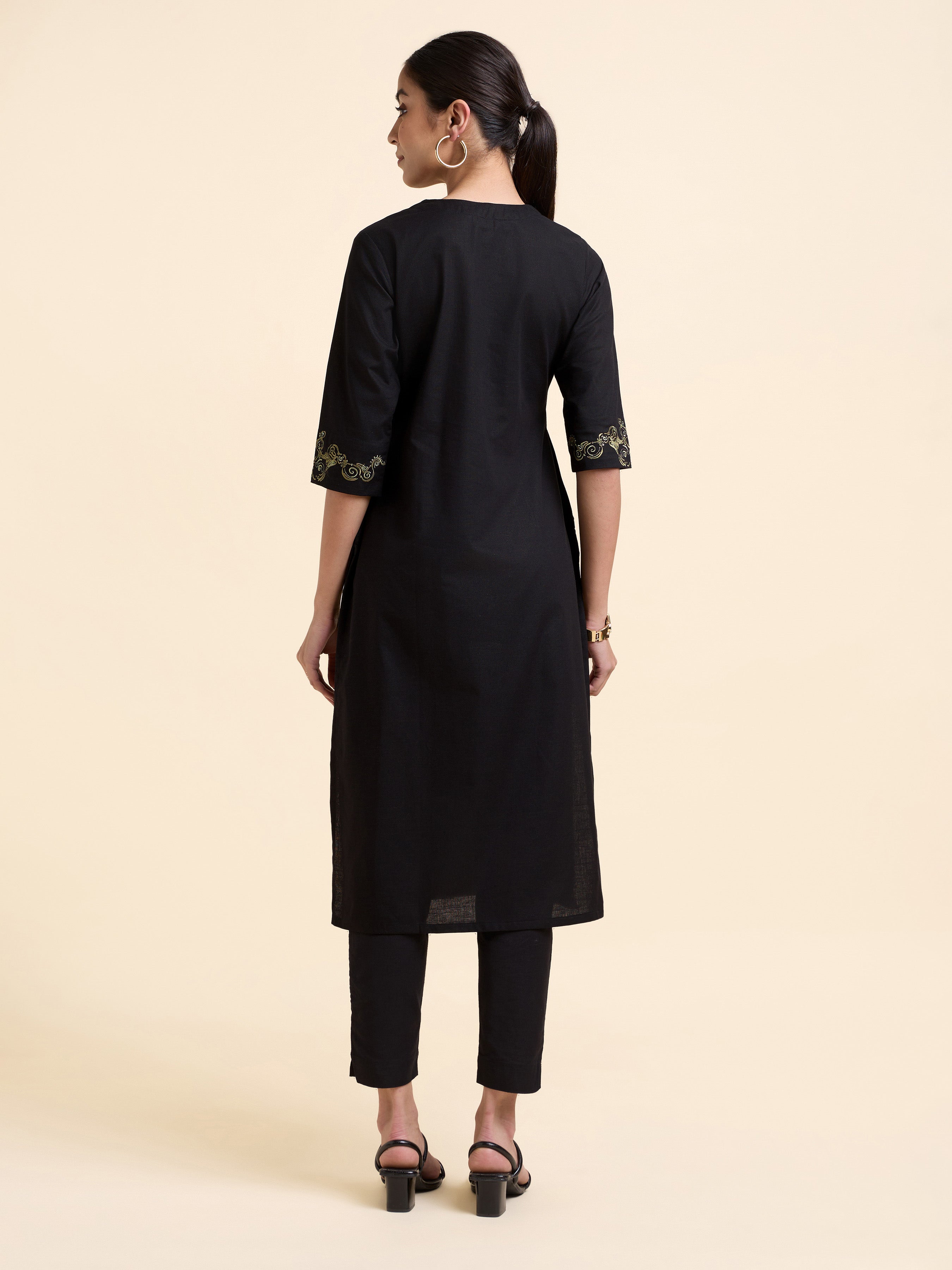 Black Cotton Flax Slub Plain Kurti With Embroidery