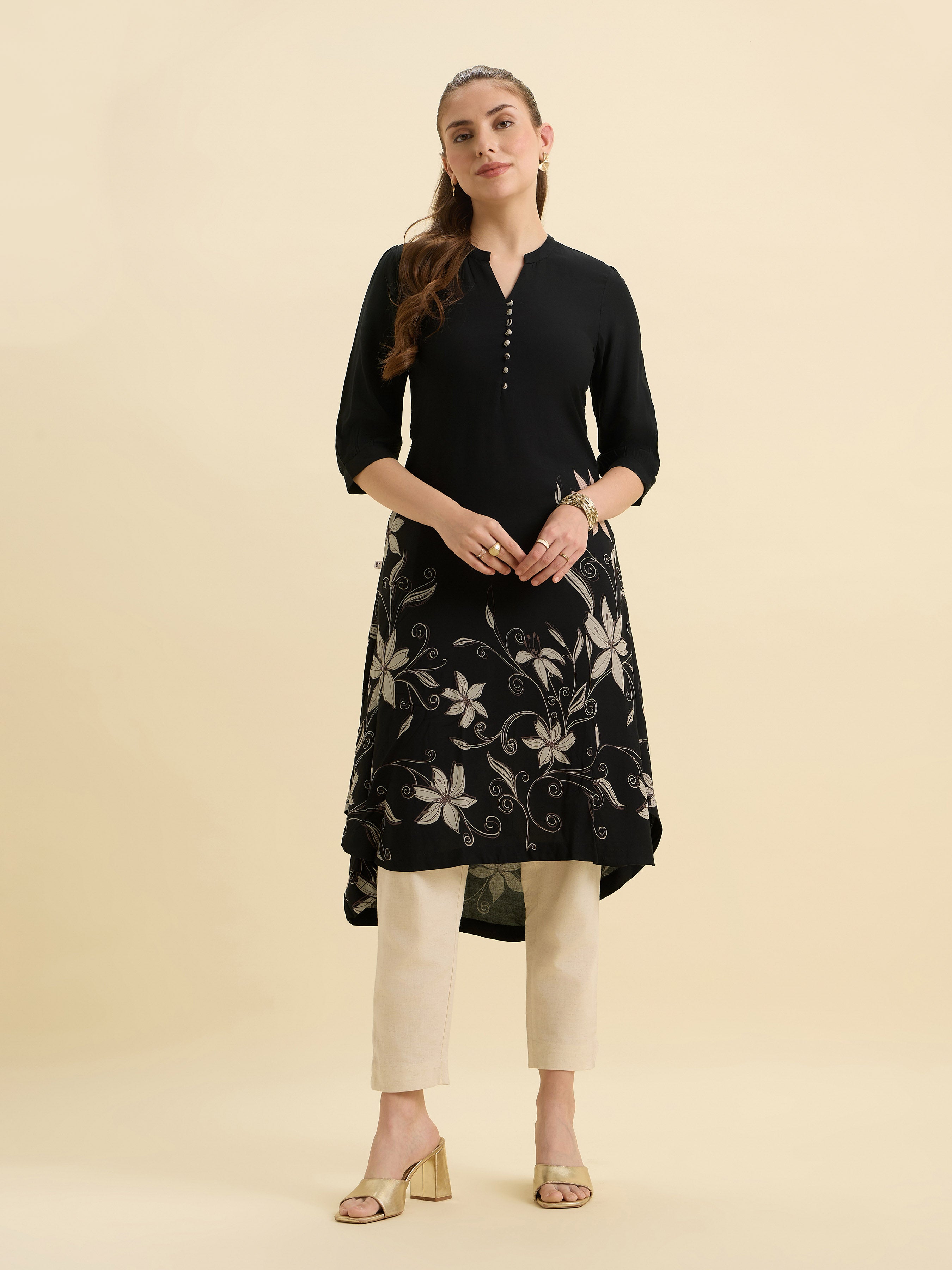 Black Flared Up And Down Printed Kurti